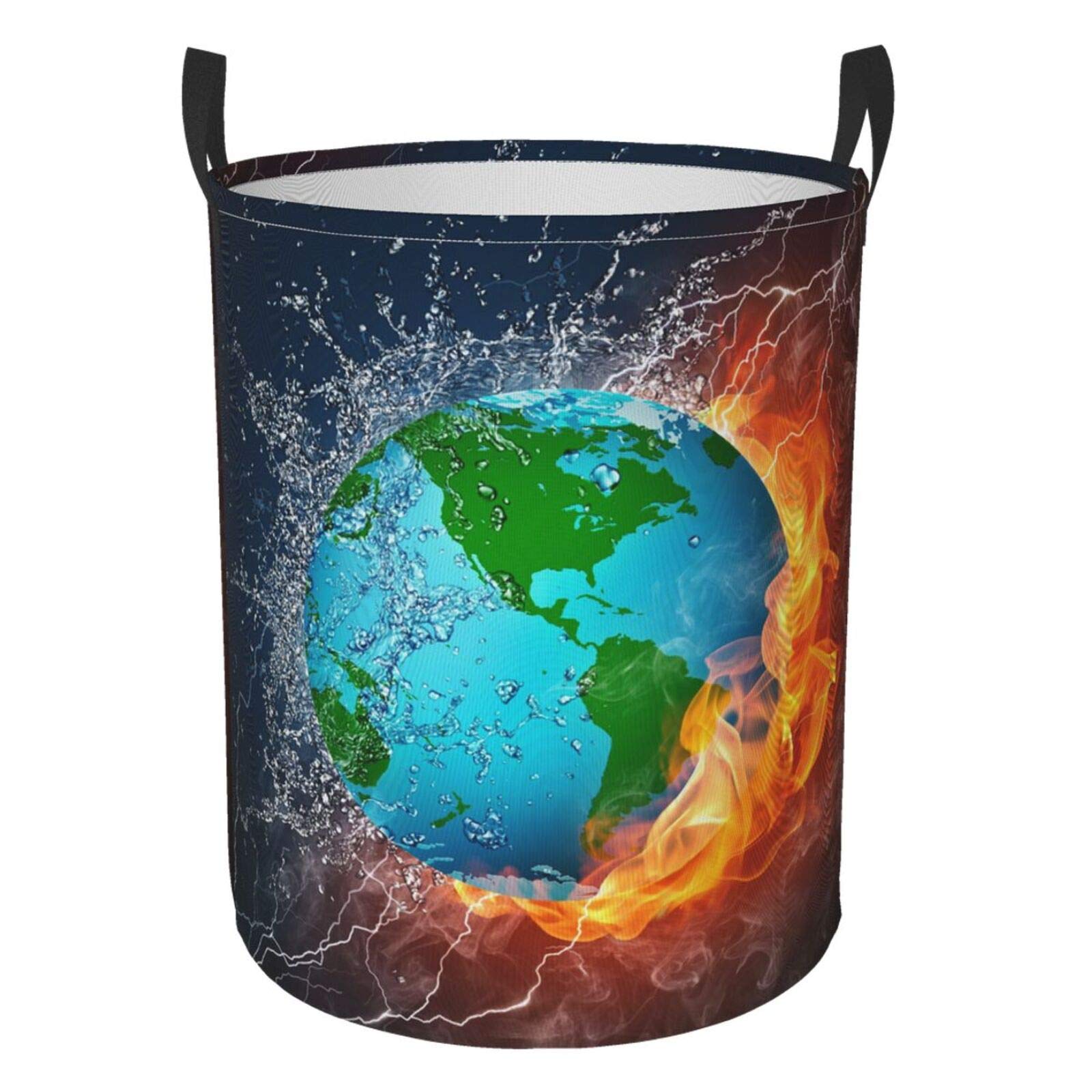 FeHuew Collapsible Laundry Basket with Handle - Waterproof Fabric Hamper for Clothes, Toys & Storage | Large Foldable Organizer Bin for Bathroom, Bedroom & Laundry Room (Earth in Fire and Water Design) - Perfect for Home Organization, College Dorm & Travel