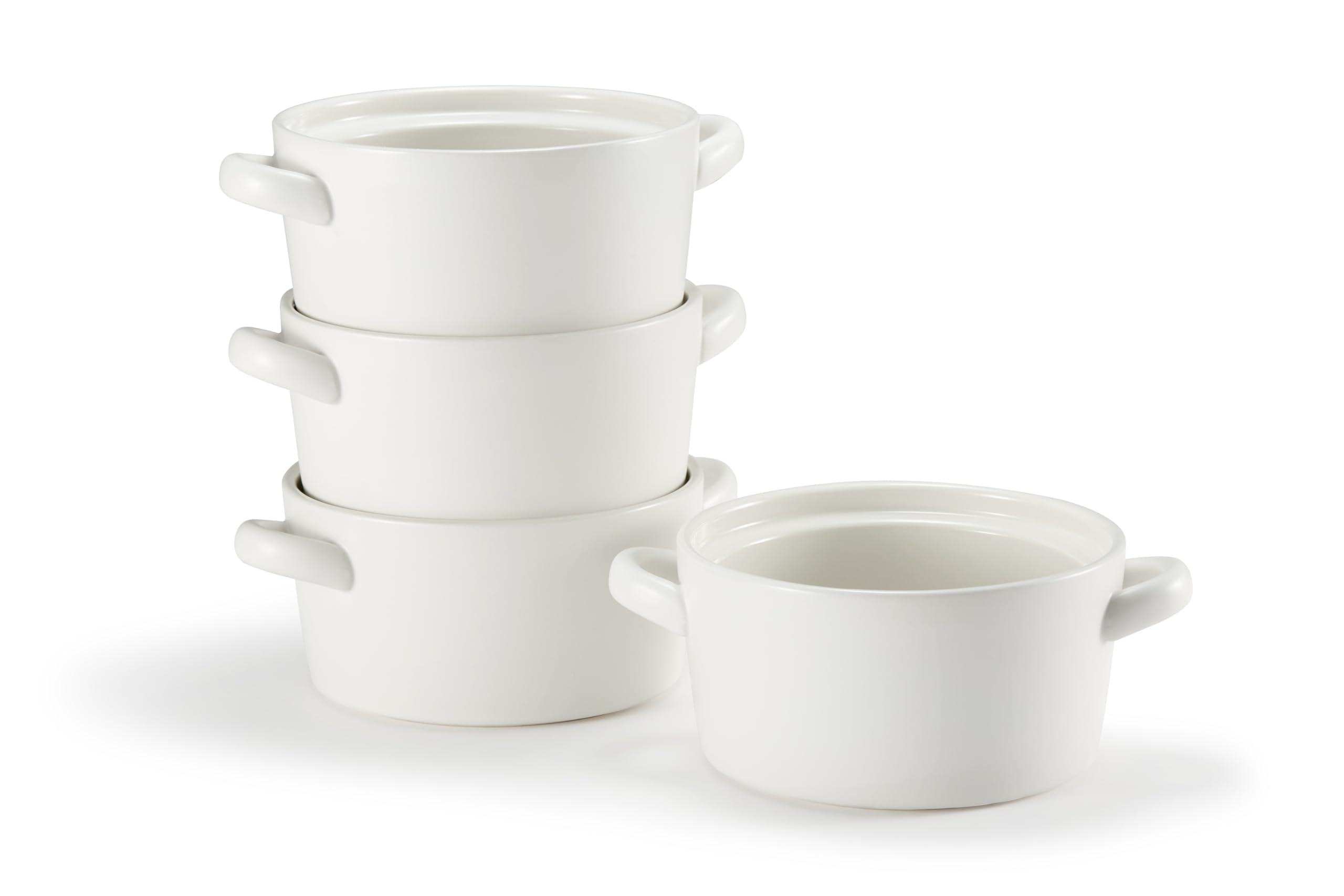 Kook Soup Crocks - Set of 4 Stackable Ceramic Bowls (23.6 oz Each) | Oven, Broiler, Microwave & Dishwasher Safe | Matte White with Handles | Perfect for Casseroles, Pasta, Cereal & Soup | Ideal for Family Dinners, Meal Prep & Entertaining