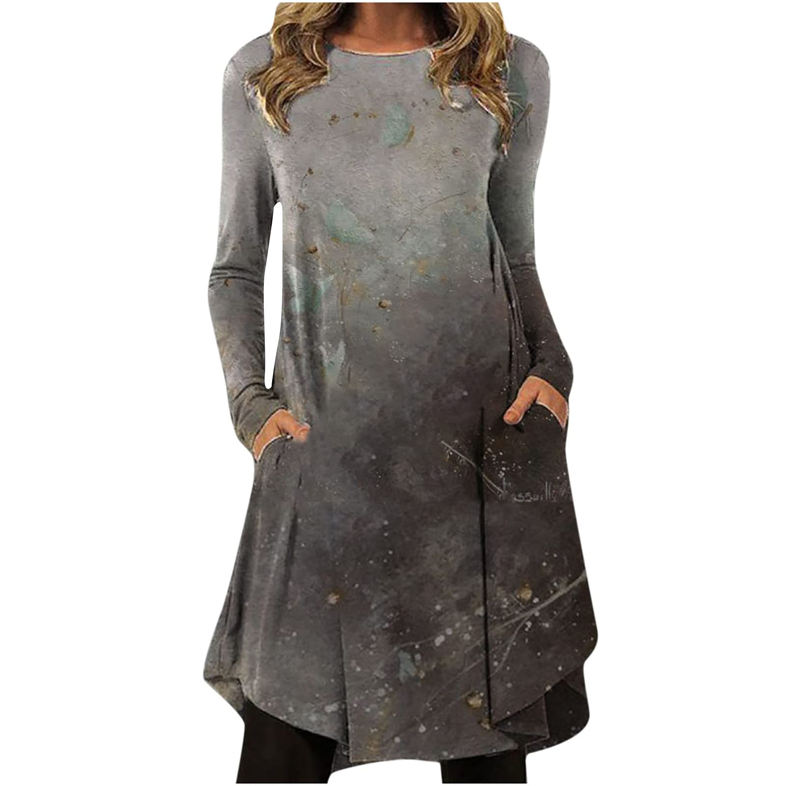 Women's Floral Print Midi Dress - Long Sleeve Round Neck T-Shirt Dress for Maternity & Casual Wear | Loose Fit Homecoming Dress for Pregnancy, Everyday & Special Occasions