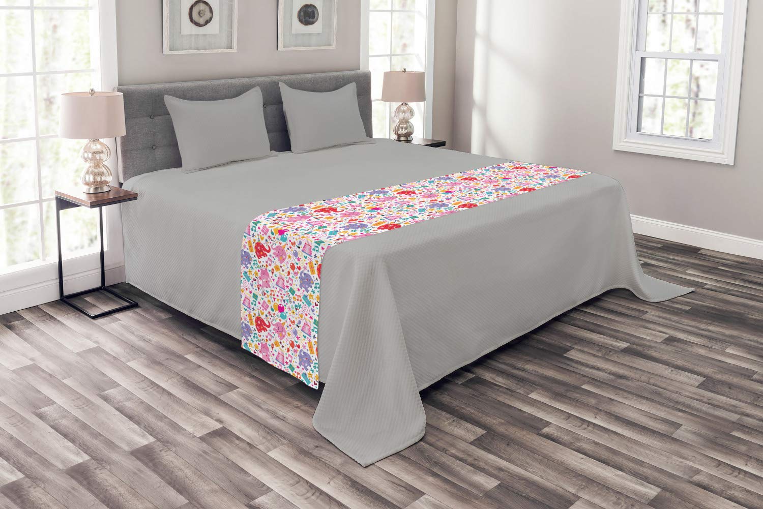 Ambesonne Animal Elephant Birthday Bed Runner - Colorful Heart & Balloon Party Theme Decorative Bedding Scarf for King Size Beds | Perfect for Hotels, Homes, Guestrooms & Birthday Party Decorations