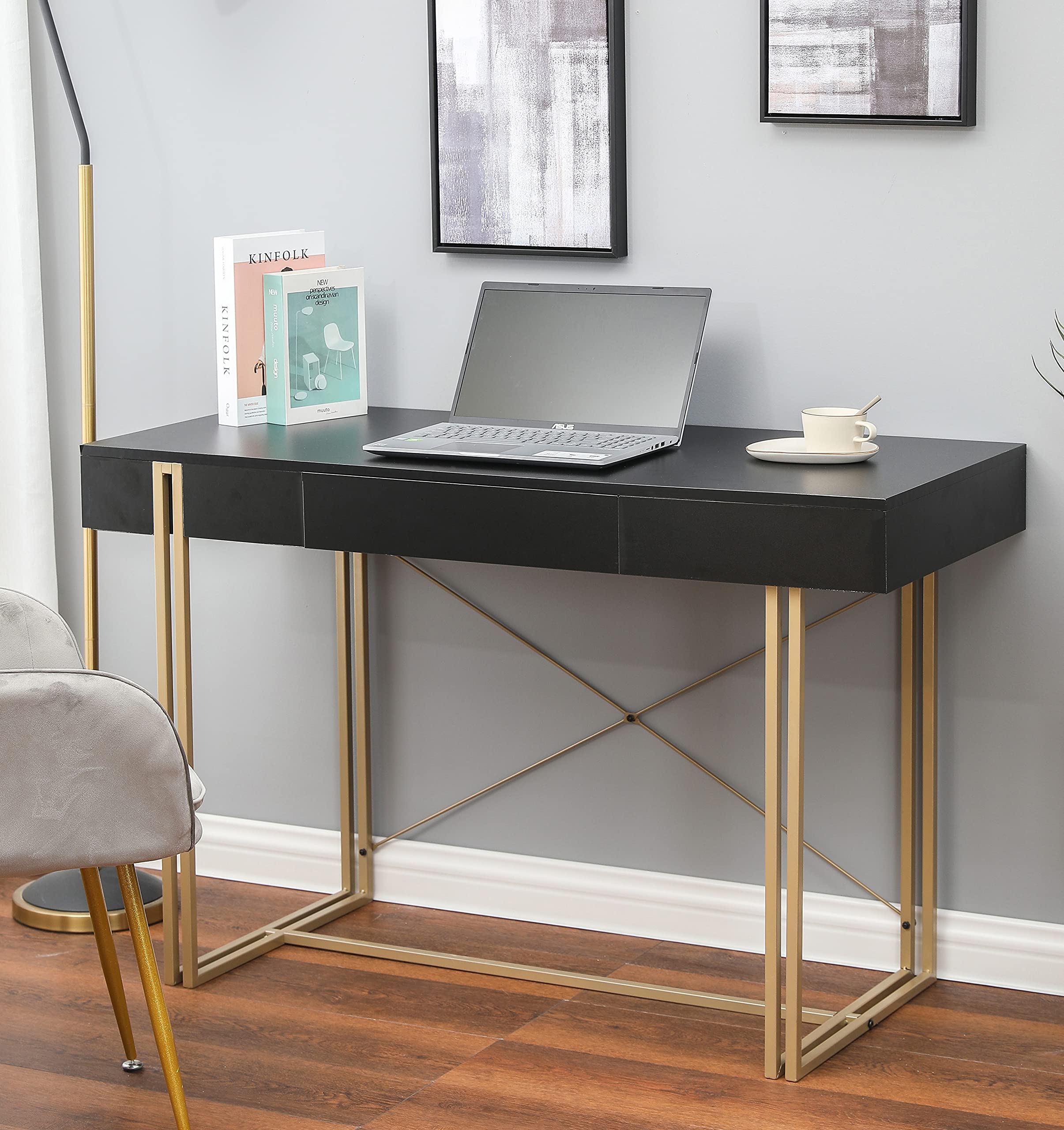 LuxenHome 47 Inch Black Modern Wood & Metal Drawer Desk - Makeup Vanity, Dressing Table, Home Office Computer Laptop Writing Desk with Sturdy Metal Frame - Perfect for Bedroom, Living Room & Office Workspace