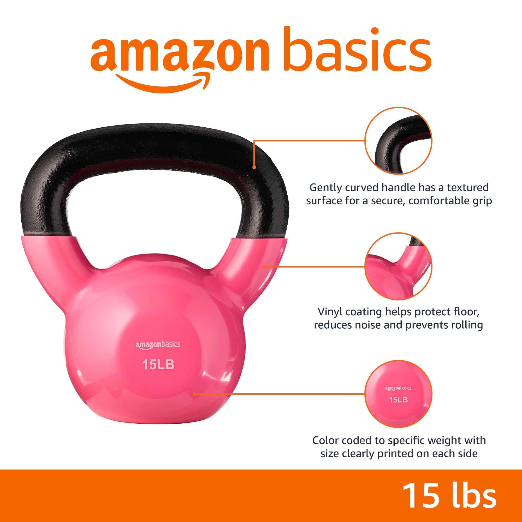 Amazon Basics Vinyl Kettlebell - 5-50 lbs Weight Options for Home Gym, Strength Training & CrossFit Workouts | Durable Neoprene Coating, Non-Slip Grip | Ideal for Full-Body Exercises, HIIT & Functional Fitness
