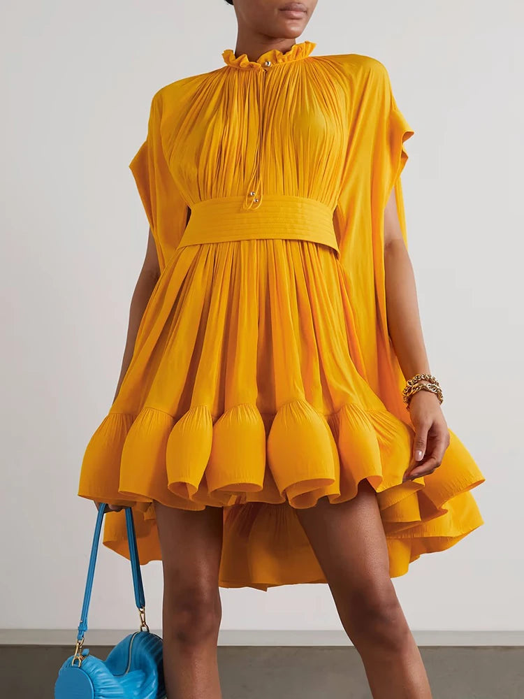 Women's Asymmetrical High Waist Pleated A-Line Mini Dress - Round Neck Short Sleeve Summer Casual Dress for Date Night, Party & Vacation