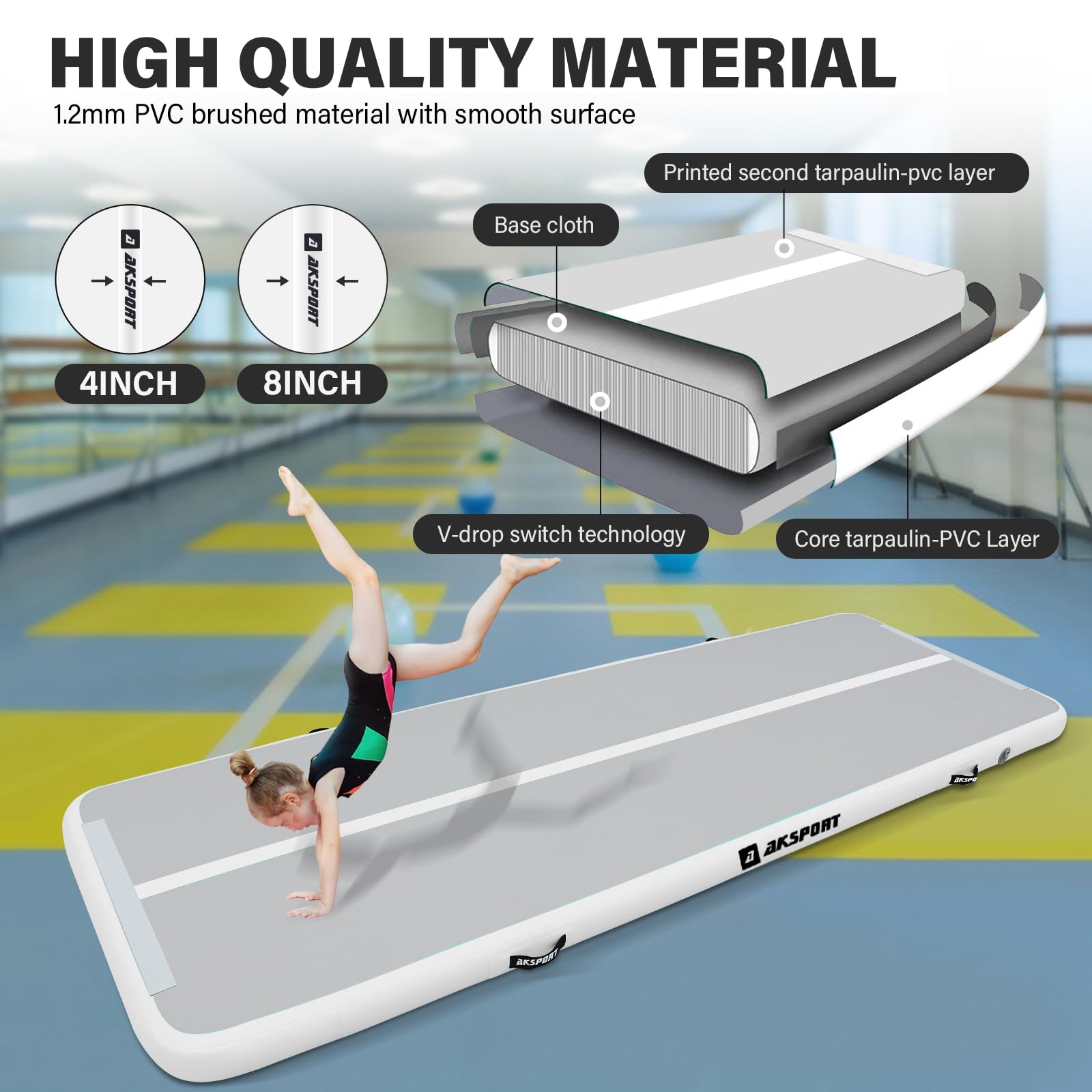 AKSPORT Inflatable Gymnastics Air Mat - Portable Tumble Track for Home, Gym, Cheerleading & Parkour Training - Includes Air Pump - Perfect for Indoor Practice, Beach, Park & Water Activities