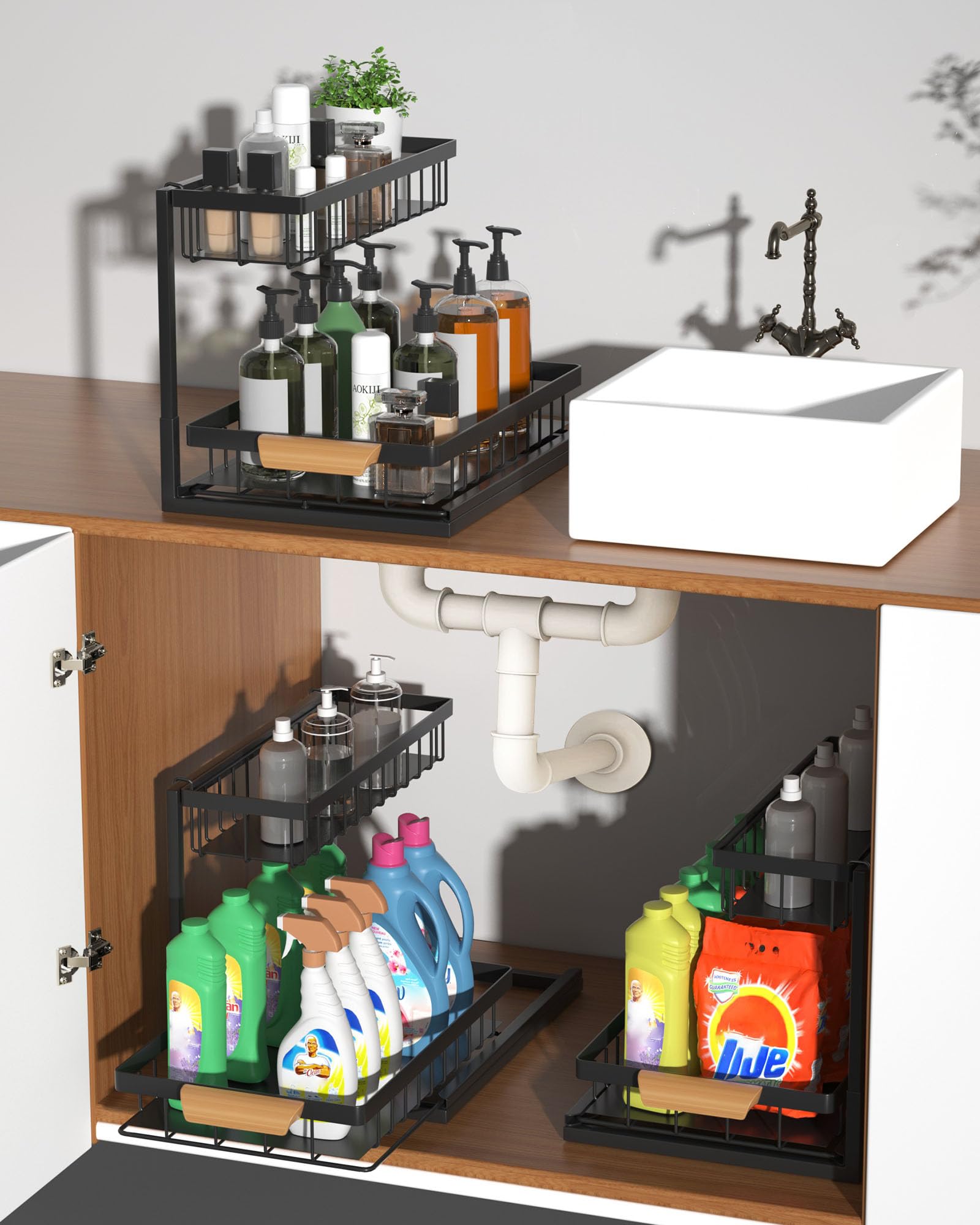 2 Pack Under Sink Organizer - Sturdy Metal Pull Out Kitchen Cabinet Organizer with Sliding Drawer | Multi-Functional Storage for Bathroom & Kitchen | Space Saving Solution for Cleaning Supplies, Sponges & Toiletries (Black)