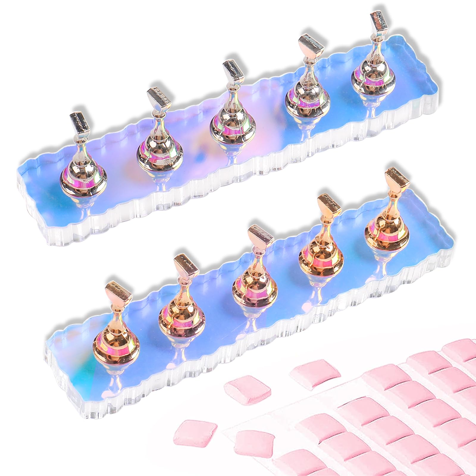 ANGNYA 2 Pack Magnetic Nail Stand Set with 96 Pcs Reusable Sticky Putty - Aurora Nail Holder for Press On & Hand Practice - Perfect for Nail Art, Home Salon & Professional Use