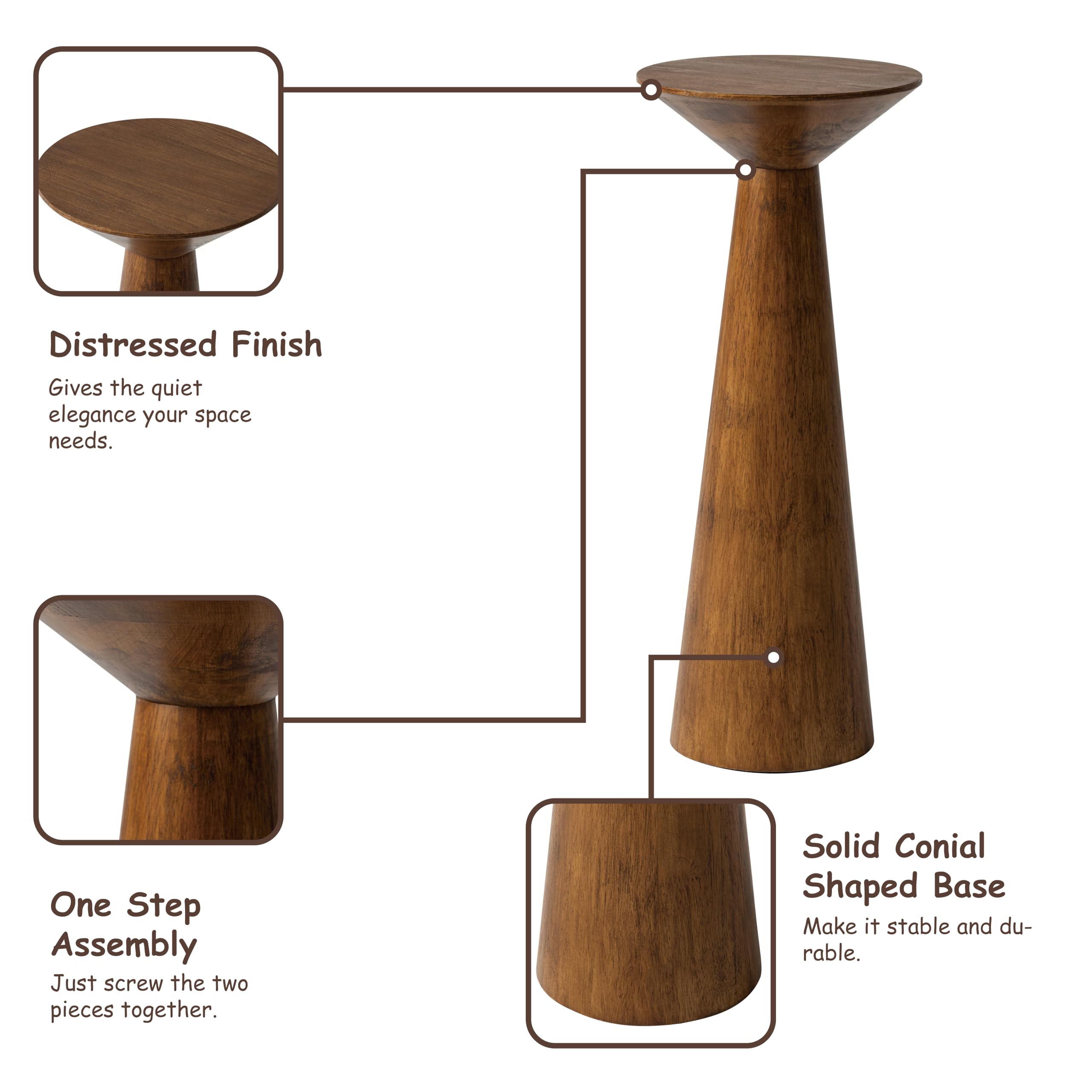 Farmhouse Tall Pedestal End Table - Solid Wood Martini Table, Modern Round Drink Stand for Small Spaces - Perfect for Living Room, Bedroom or Office - Walnut Finish
