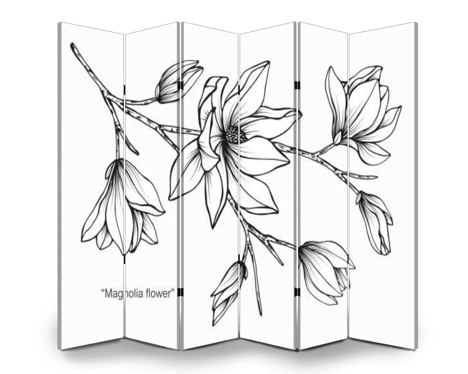 6-Panel Folding Room Divider Screen - Black & White Magnolia Flower Line Art Privacy Partition for Indoor/Outdoor Use | Freestanding Protective Wall Separator for Home, Office, and Event Spaces