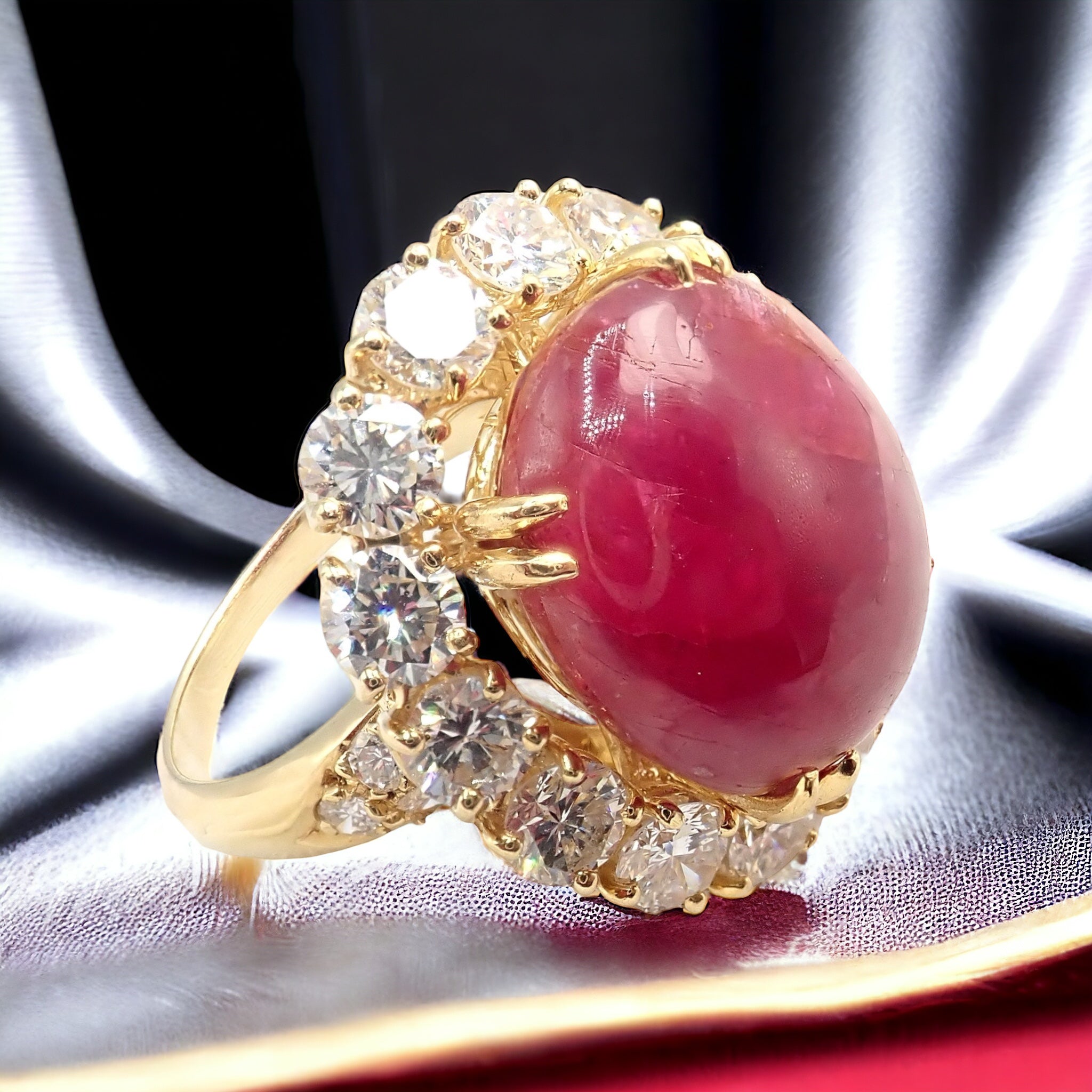Authentic Van Cleef & Arpels 18k Yellow Gold Large Cabochon Ruby Diamond Ring for Women - Luxury Jewelry Gift for Anniversary, Engagement & Special Occasions