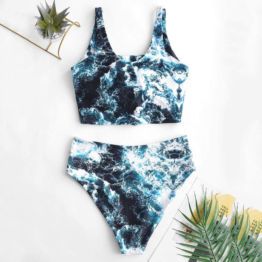 ZAFUL Women's Knot Scoop Neck Bikini Set - Ruched High Waisted Two Piece Swimsuits & Tankini for Beach, Pool Party and Summer Vacation