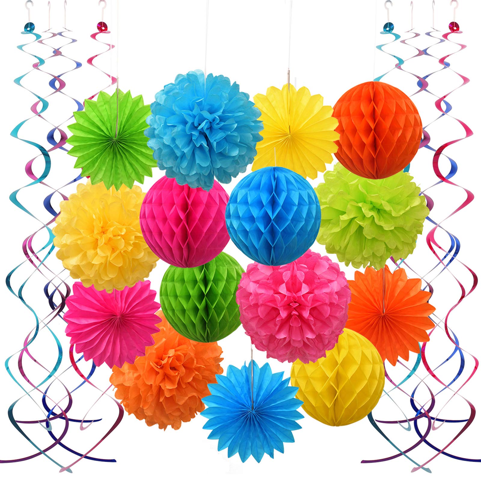 Vibrant Tissue Paper Flowers & Party Pom Poms with Swirl Streamers - Premium Quality Hanging Decorations for Birthday, Wedding, Bridal Shower & Bachelorette Parties - Perfect for DIY Home Decor, Baby Showers & Celebration Backdrops