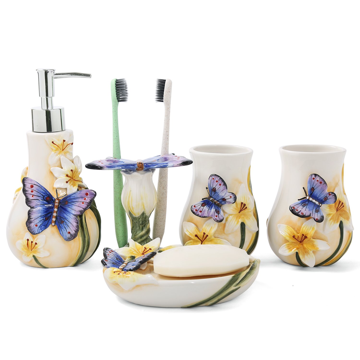Elegant Ceramic Bathroom Accessory Set - 5 Piece Dancing Butterfly Design with Toothbrush Holder, 2 Toothbrush Cups, Soap Dish & Dispenser - Perfect for Modern Bathrooms, Guest Suites & Spa Decor