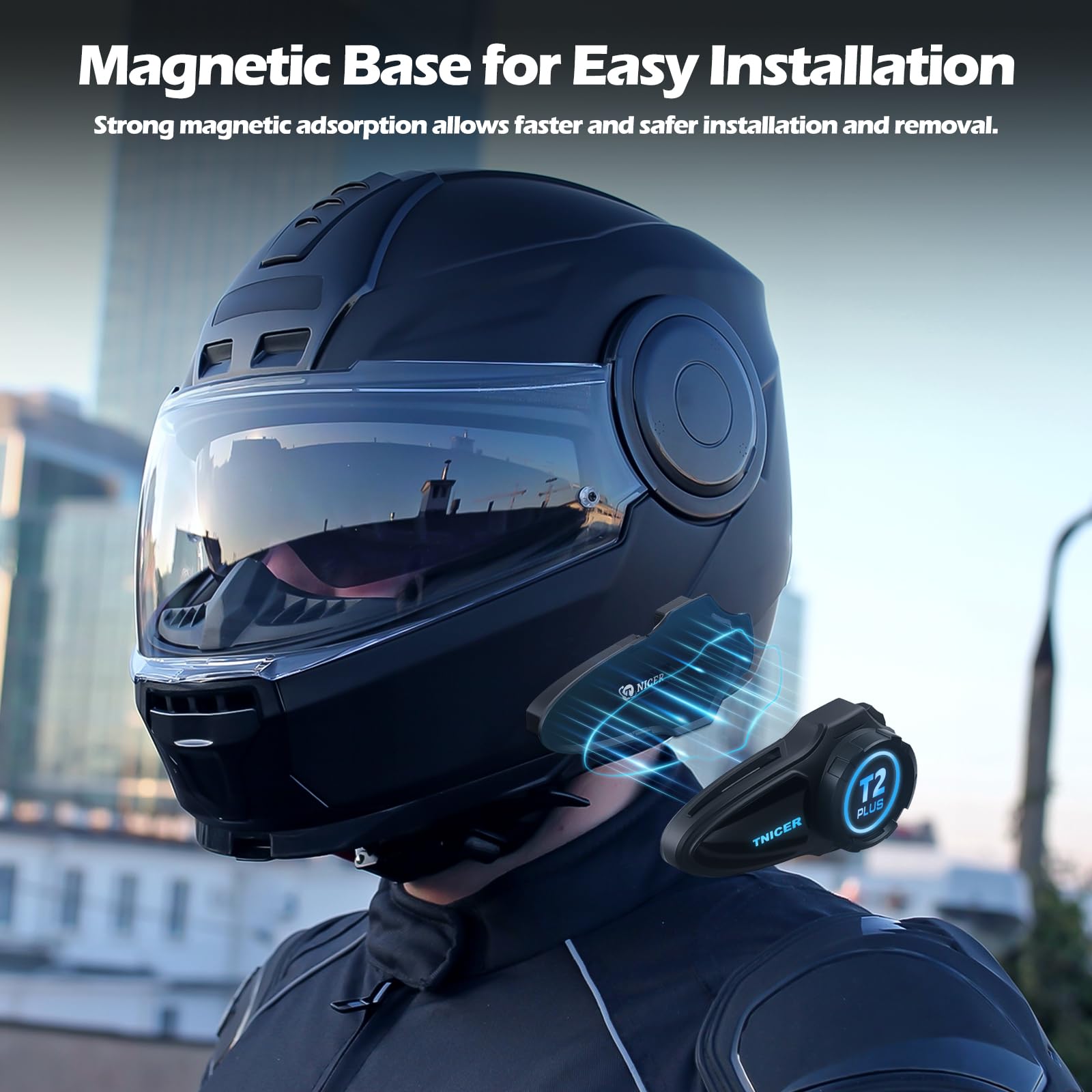 T2Plus Motorcycle Bluetooth Headset - Dual Chip MESH Intercom System for 10-Way Group Communication | Helmet-Mounted Bluetooth Headset with Double Coil Subwoofer Speakers (Black) | Perfect for Group Rides, Touring & Highway Communication