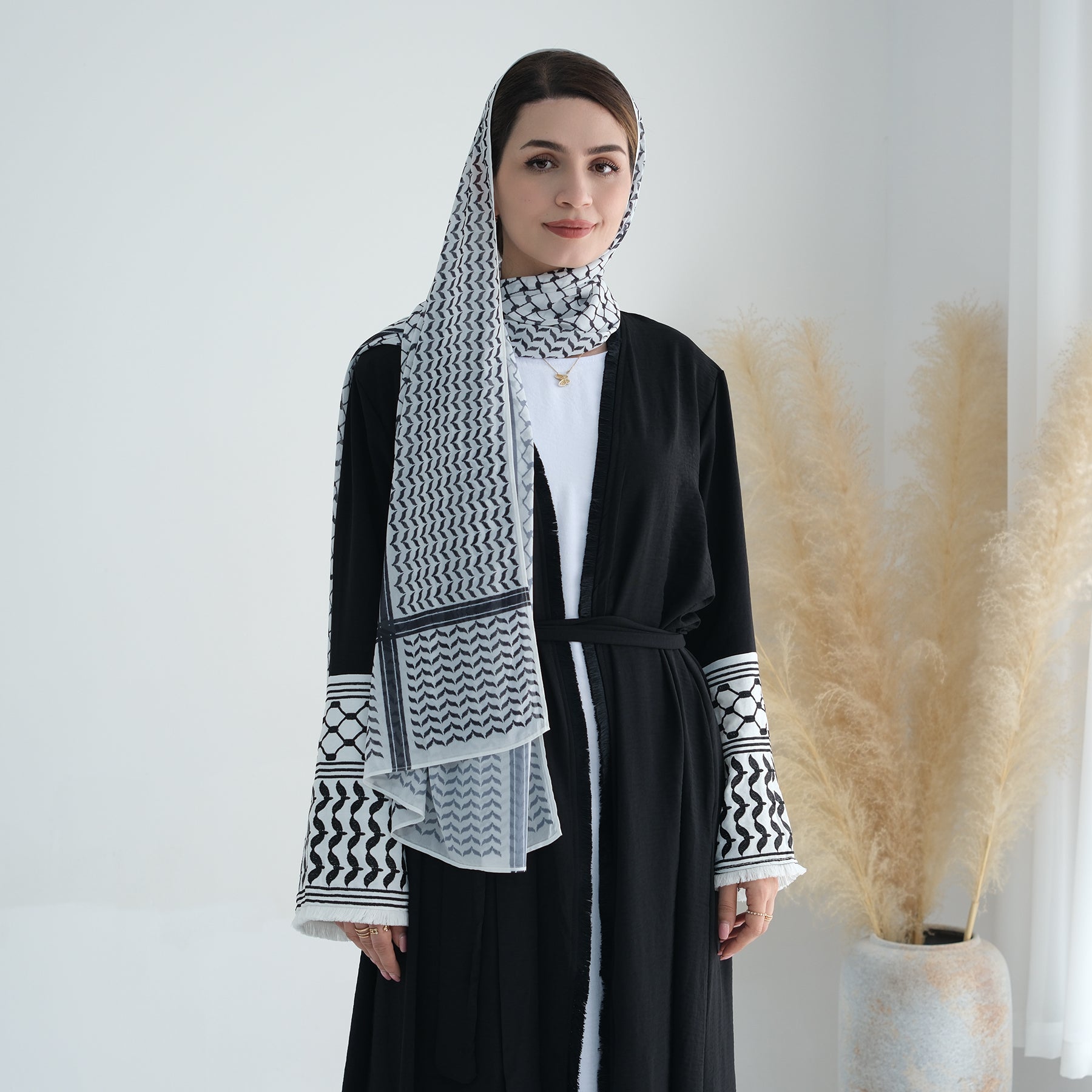 Elegant Black Kufiya Open Abaya Set - Modest Muslim Prayer Dress for Women | Perfect for Eid, Ramadan & Special Occasions