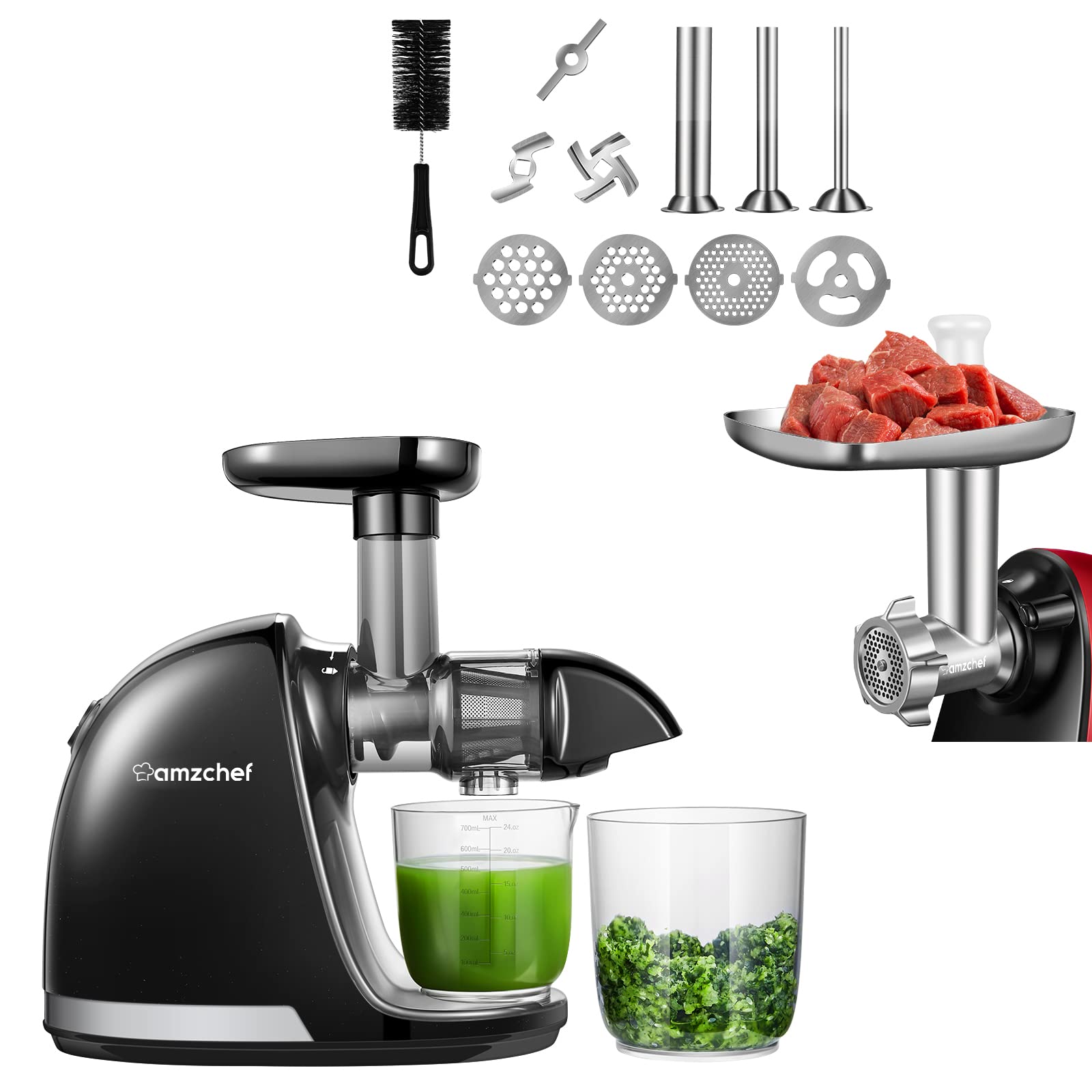 AMZCHEF Slow Masticating Juicer with Meat Grinder Attachment - Quiet Cold Press Juicer with Reverse Function, Includes Sausage Stuffer Tubes & Grinding Plates - Perfect for Healthy Juicing, Homemade Sausages & Nutrient Extraction
