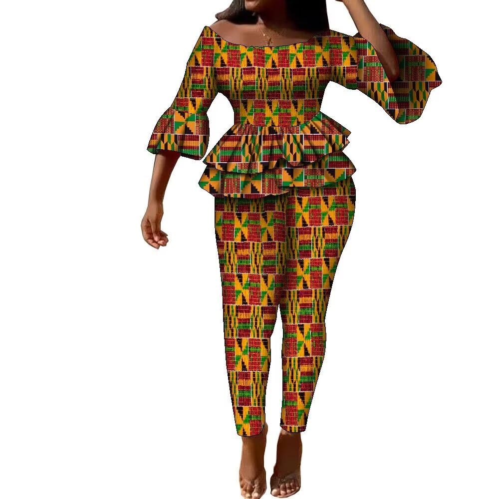 African Print Women's 2 Piece Outfit - Ankara Kente Elastic Smocked Bodycon Pants Suit | Traditional African Clothing for Parties, Weddings & Cultural Events