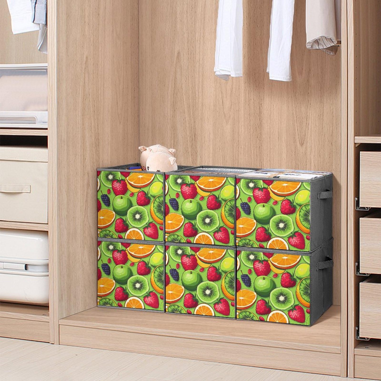 6-Piece Collapsible Storage Bins with Handles - Printed Fruit Design Foldable Organizing Baskets for Kitchen, Pantry, Shelves & Home Organization - Perfect for Storing Fruits, Vegetables, Toys & Household Items