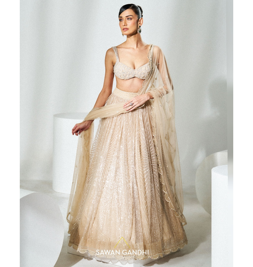 Beige Sequins Lehenga Set for Women - Elegant Indian Bridal Party Wear with Matching Dupatta - Perfect for Weddings, Festivals & Special Occasions