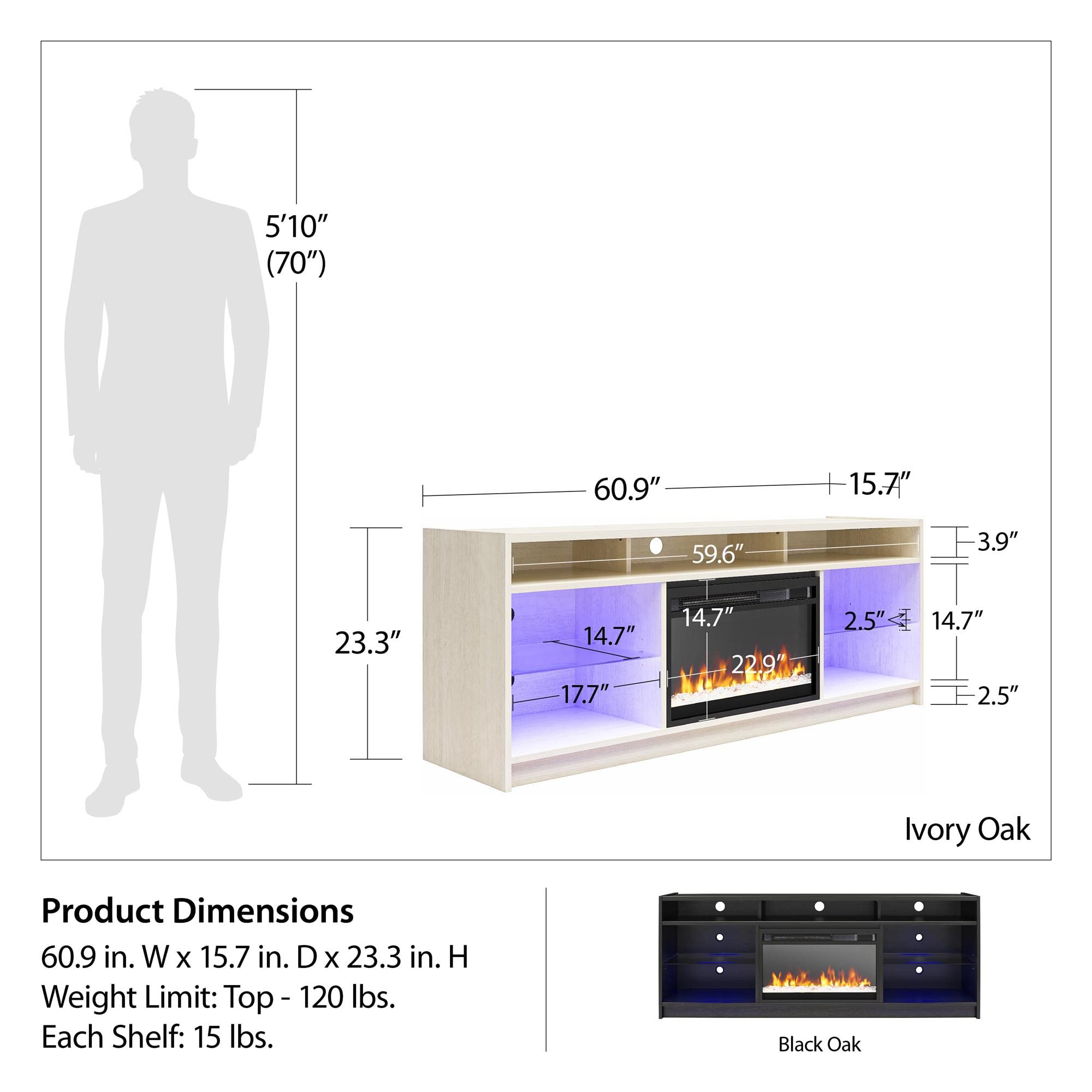 Ameriwood Home Luna 65-Inch Fireplace TV Stand with Electric Heater Insert - Remote Control, Timer, Color-Changing LED Lights & Crystal Ember Flames - Black Oak Finish for Living Room & Home Theater Setup