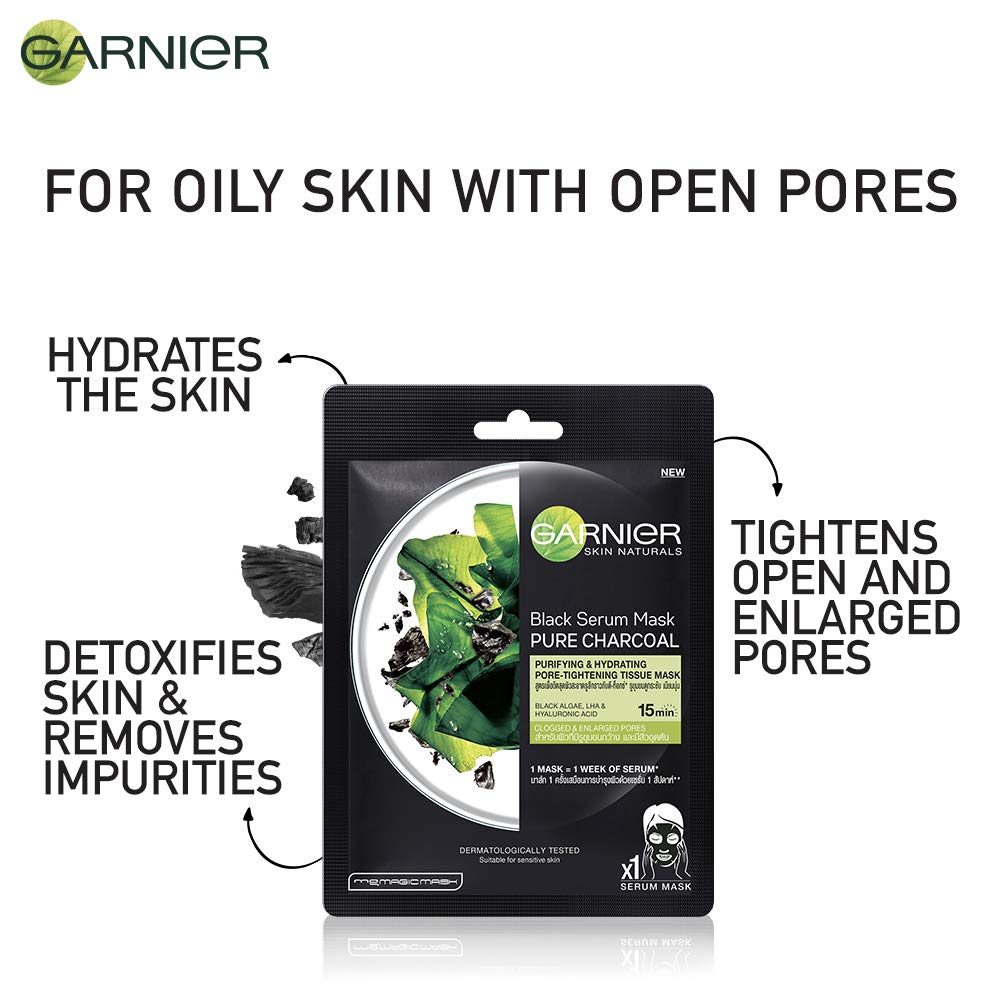 Garnier Skin Naturals Charcoal & Green Tea Face Serum Sheet Mask Set - Detoxifying Black Mask (28g) + Antioxidant Green Mask (32g) for Deep Cleansing & Brightening - Perfect for Spa Night & Self-Care Routine