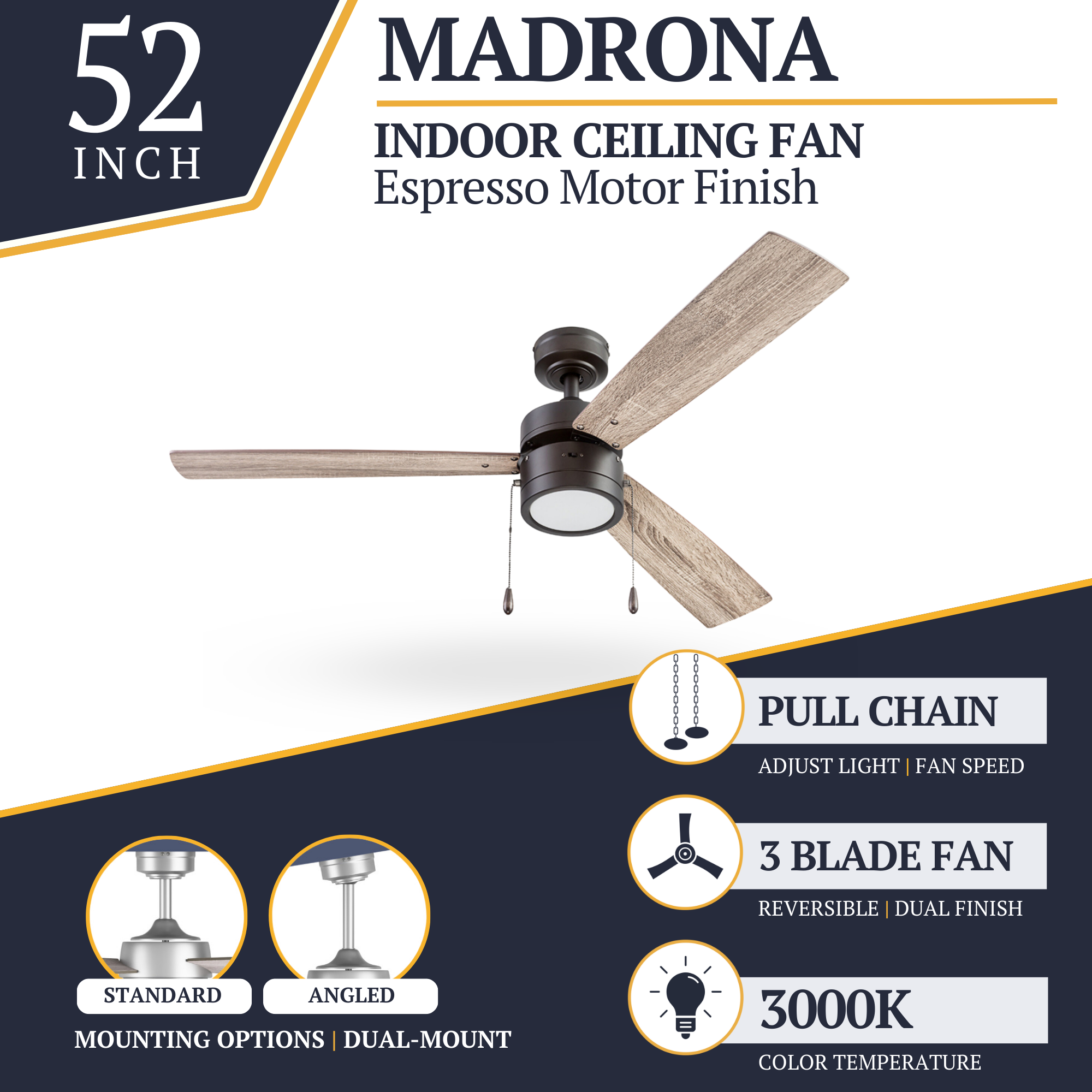 52 Inch Madrona Ceiling Fan with Espresso Bronze Finish & Pull Chain - Perfect for Living Room, Bedroom, and Outdoor Patio Cooling