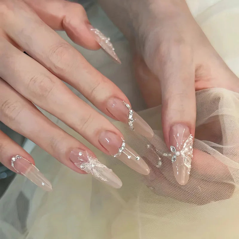 24Pcs Long Press on Nails with Gradient & Butterfly Rhinestone Design - Full Cover Detachable Fake Nails for Women - Oval Shaped Fashion Nail Tips for Parties, Weddings & Special Occasions