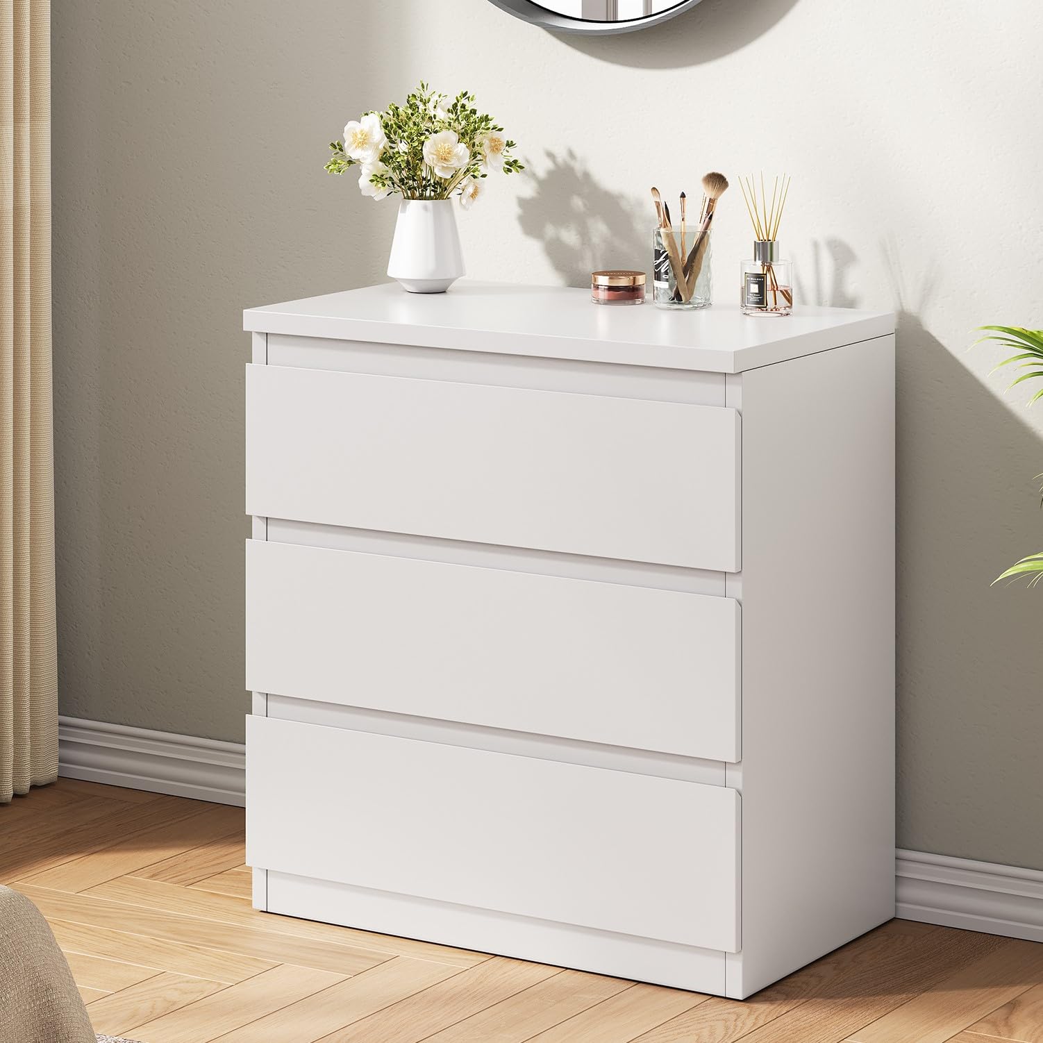 Modern White 3-Drawer Wooden Dresser for Bedroom - Simple Chest of Drawers with Deep Storage - Perfect Nightstand & Entryway Furniture for Living Room, Hallway, or Bedside Organization