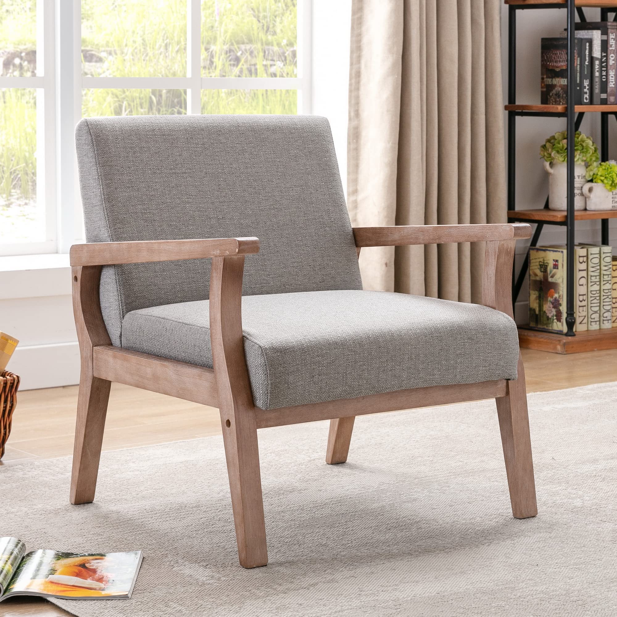 Mid Century Modern Accent Chairs Set of 2 - Solid Wood Frame & Linen Upholstery - Grey Living Room Armchairs for Home, Bedroom & Office - Perfect for Lounge, Reading Nook & Guest Seating