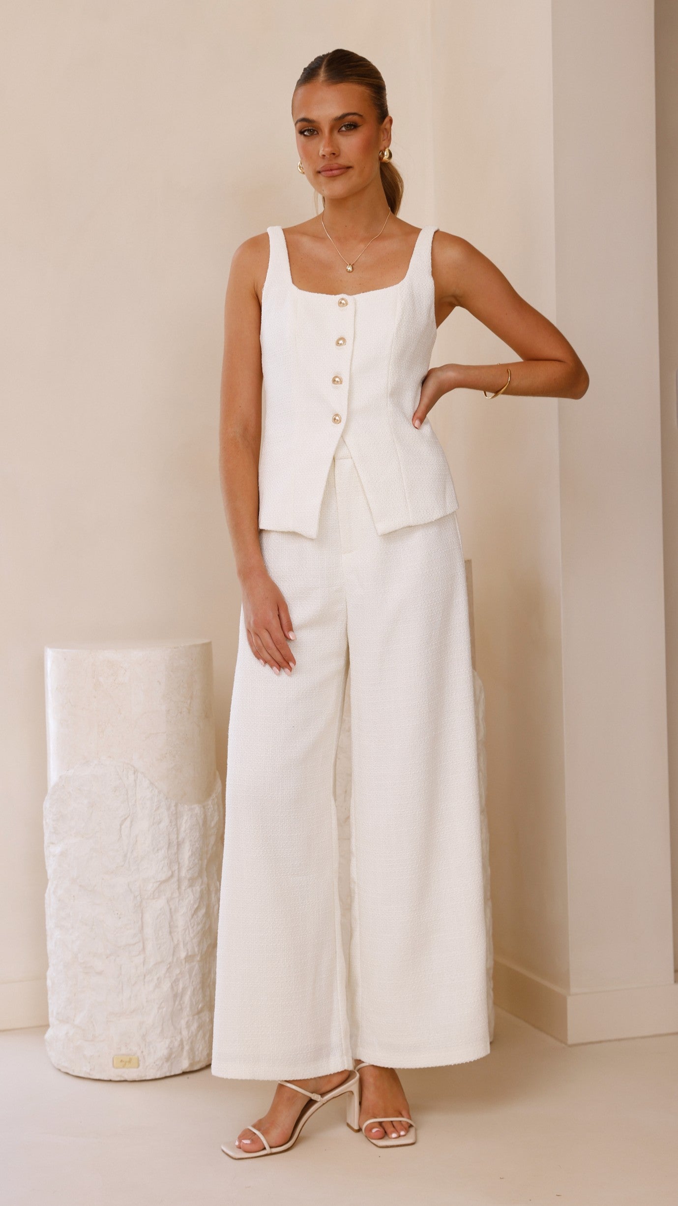 Stylish Karrina Tweed Button-Up Vest and Pants Set in White | Women's Fashion Outfit for Office, Party & Special Occasions