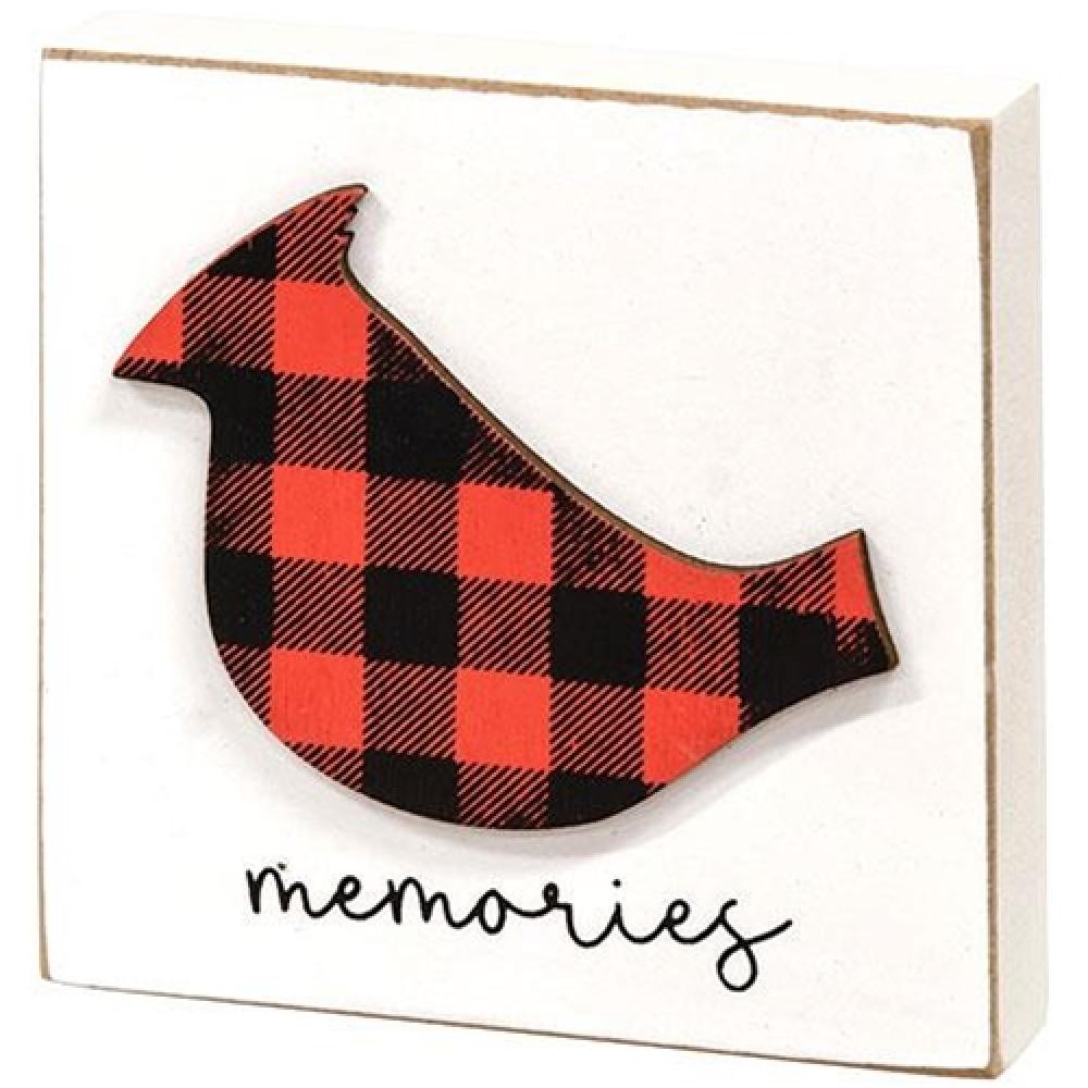 Buffalo Check Cardinal Memories Block - Christmas Holiday Decor, Winter Home Decoration, Festive Seasonal Ornament for Tree, Mantel, and Tabletop