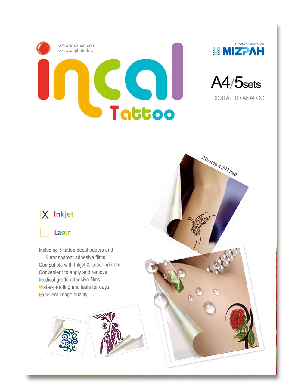 Printable Waterproof Temporary Tattoo Paper for Inkjet & Laser Printers - 5 Pack (8.27x11.7 inch) DIY Custom Body Art for Parties, Halloween & Cosplay | Incal Tattoo