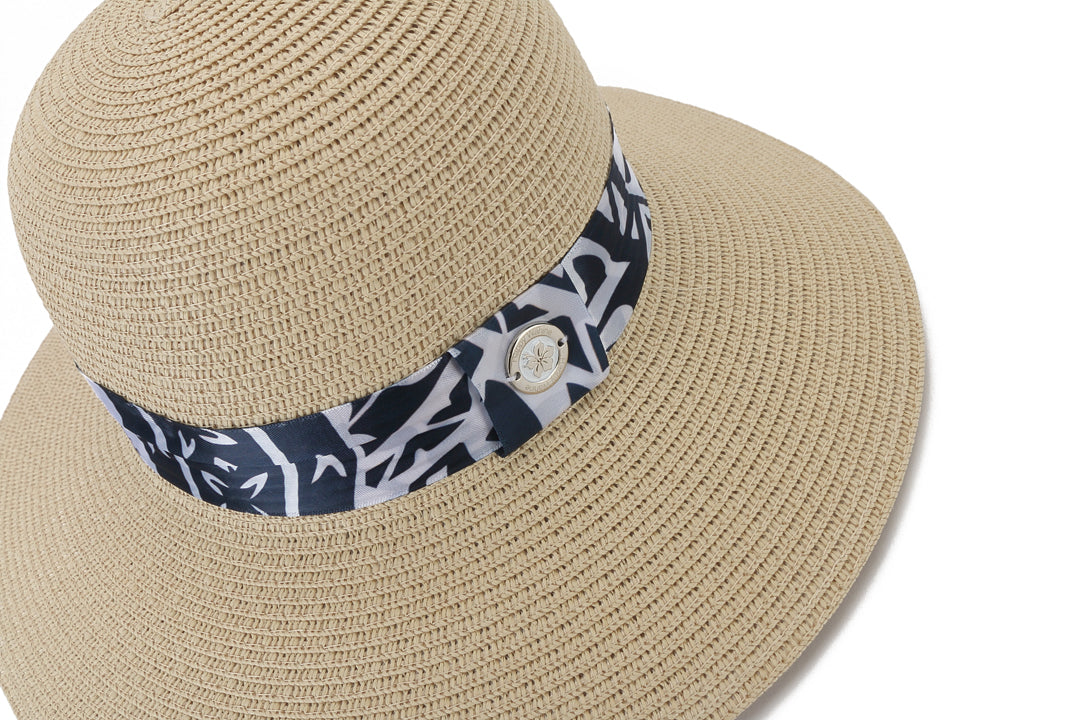 Elegant Beige and Navy Orchid Print Hat - Stylish Sun Protection for Outdoor Activities, Beach, and Travel