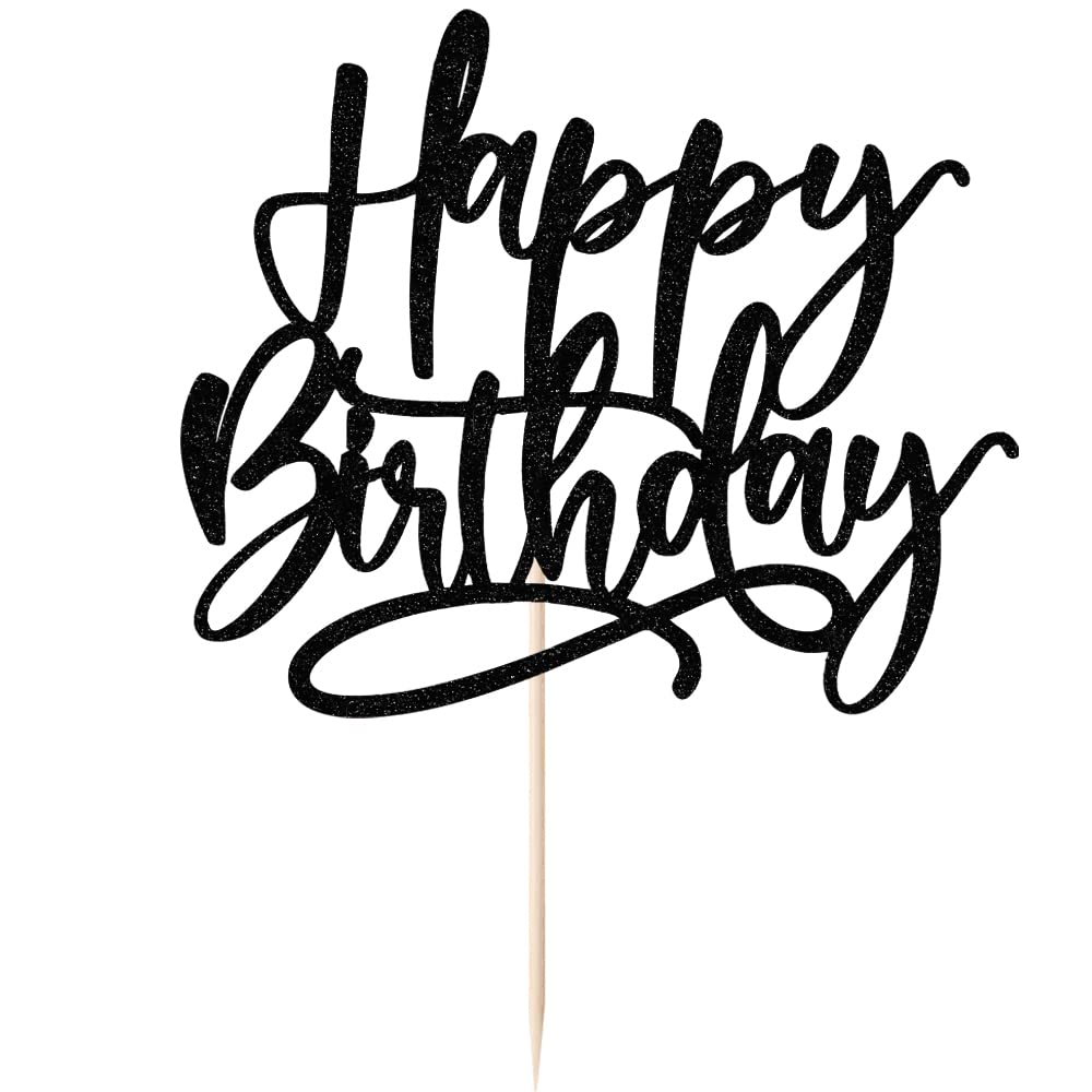 Sparkly Black Happy Birthday Cake Topper - Elegant Anniversary & Party Decoration Supplies for Birthdays, Weddings, Baby Showers & Special Celebrations