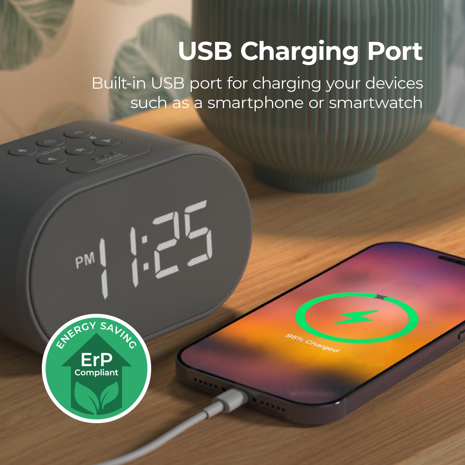 i-Box Alarm Clock with FM Radio, USB Charging Port & Dimmable LED Display - Battery or Mains Powered, Silent Non-Ticking Design for Bedroom, Office, Travel & Nightstand Use (Grey)