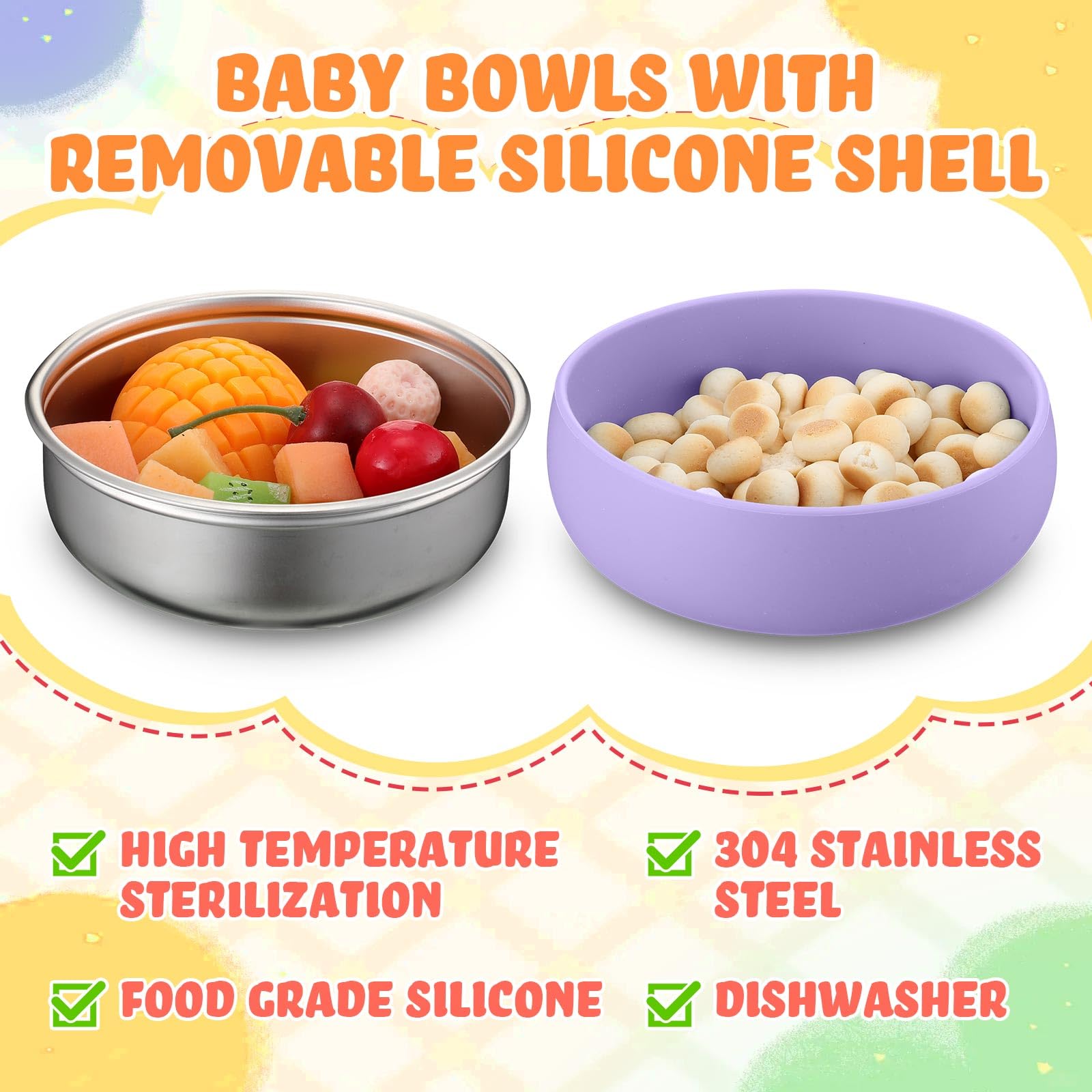Nuogo 4-Pack 304 Stainless Steel Baby Bowls with Removable Silicone Shell - Toddler Feeding Bowls, Kids Snack Containers - Heat Resistant, Dishwasher Safe - Perfect for Baby Led Weaning, Travel & Daycare (Fresh Color)