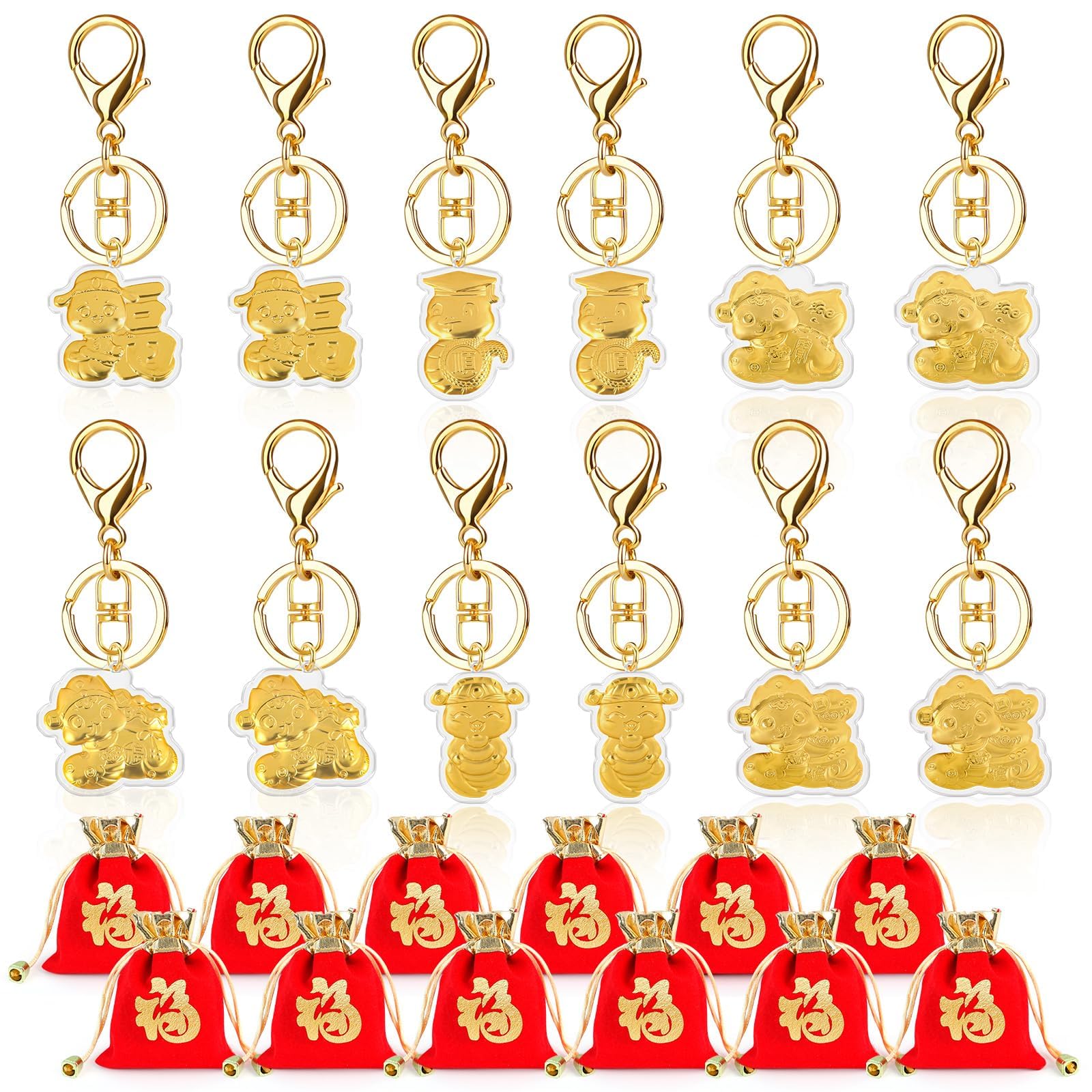 12 Sets Snake Keychains - 2025 Chinese Zodiac Snake Keyrings with Red Fu Drawstring Bags - Perfect for Lunar New Year Gifts, Party Favors & Home Decor