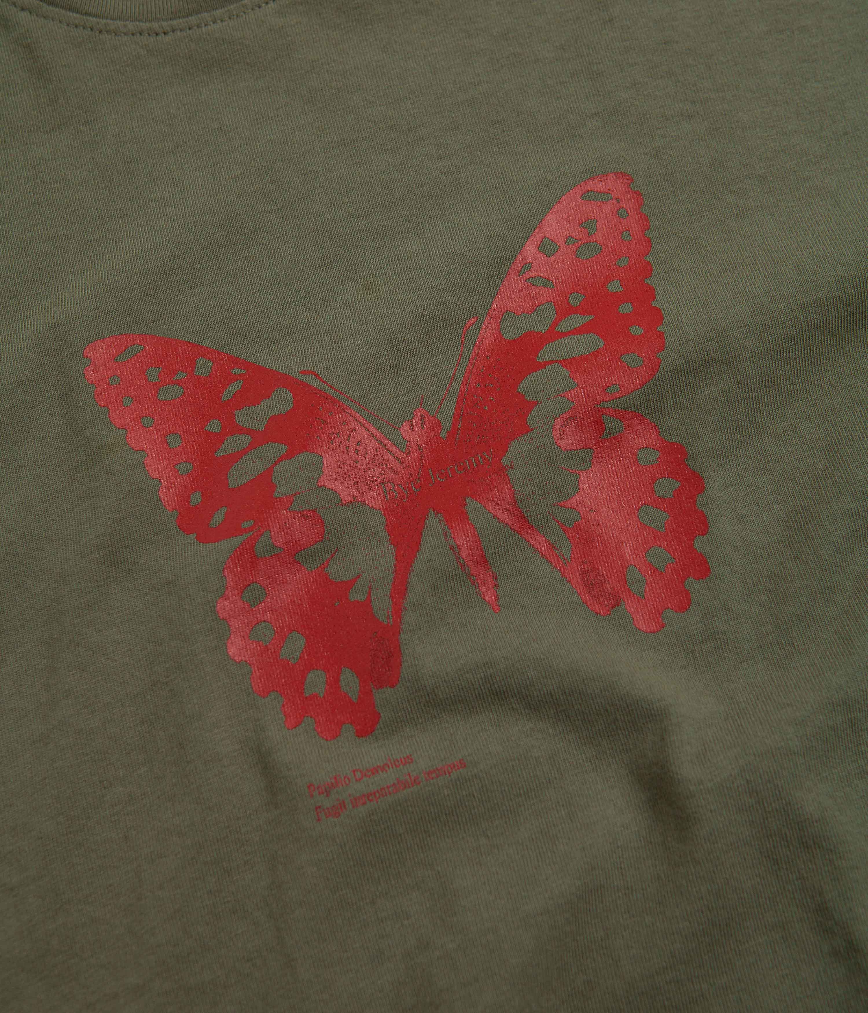 Bye Jeremy Butterfly T-Shirt - Army Green Graphic Tee for Men & Women - Casual Streetwear & Protest Fashion