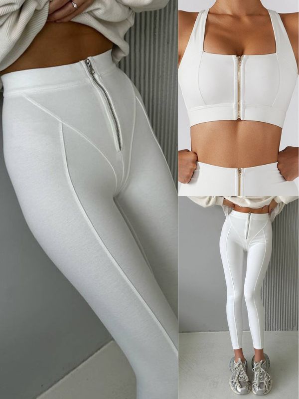 ZASUWA Women's High-Waisted Zipper Leggings - Stretchy Yoga Pants for Workout, Running & Gym - Trendy Fitness Leggings with Side Pockets