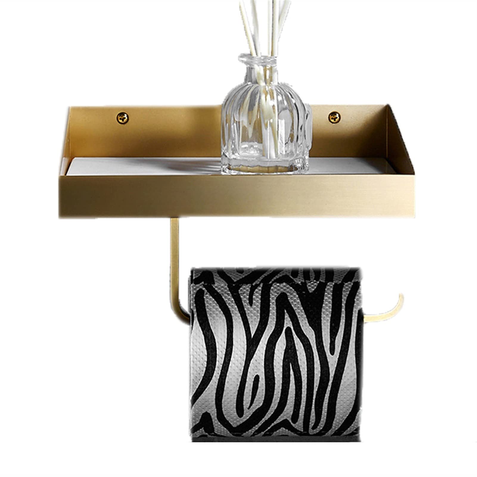 GQQG Wall Mounted Toilet Paper Holder with Shelf - Brass & Marble Bathroom Tissue Roll Holder - 7.8 Inch Bathroom Storage Organizer - Perfect for Modern Bathrooms, Powder Rooms & Guest Baths