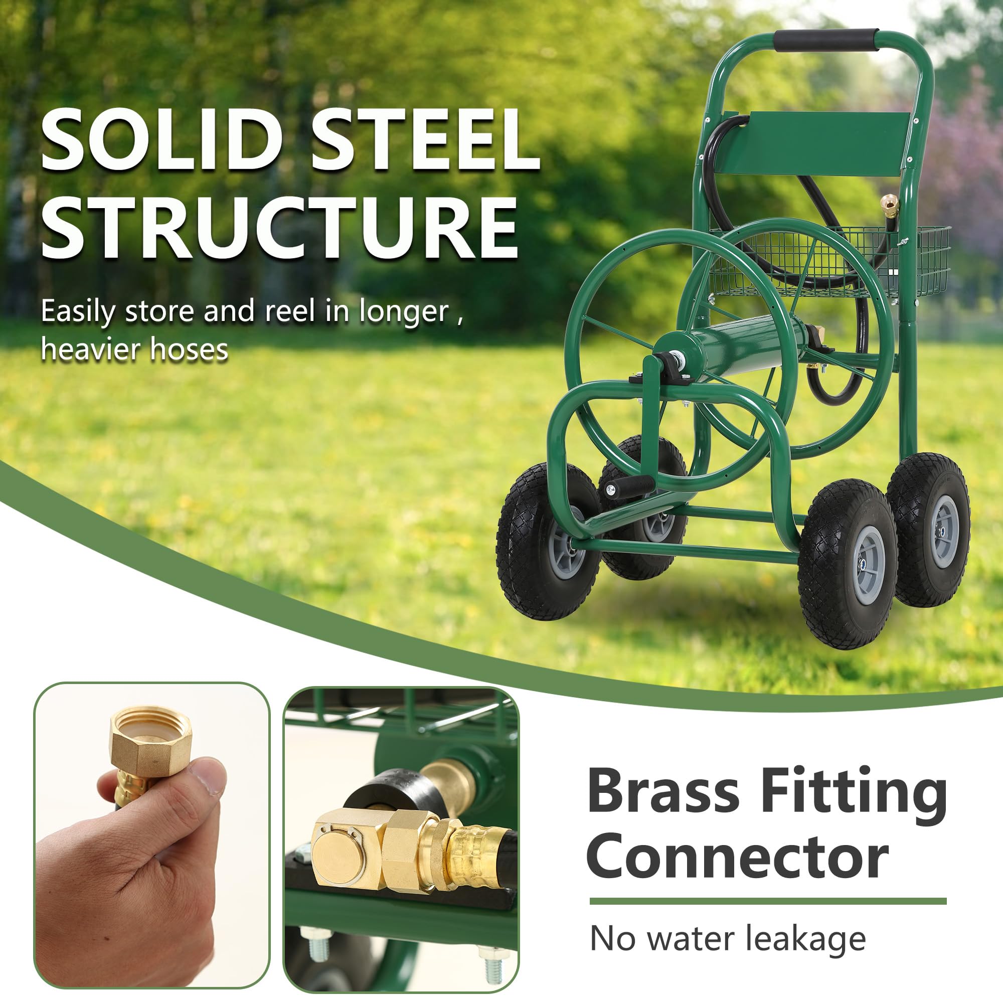 Heavy Duty 300ft Garden Hose Reel with Wheels & Basket - Perfect for Lawn & Yard Care