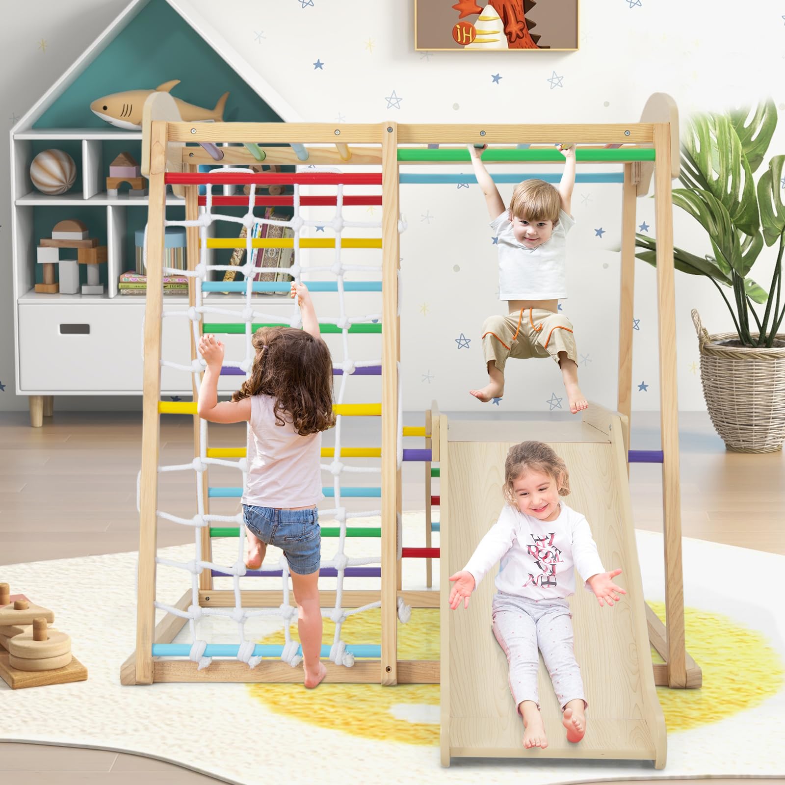 Costzon 6-in-1 Indoor Jungle Gym for Toddlers - Montessori Climbing Toys with Slide, Climbing Net & Monkey Bars - Wooden Playground Climber Playset for Kids - Perfect Gift for Birthday & Christmas - Ideal for Home Playroom, Daycare & Preschool Activities