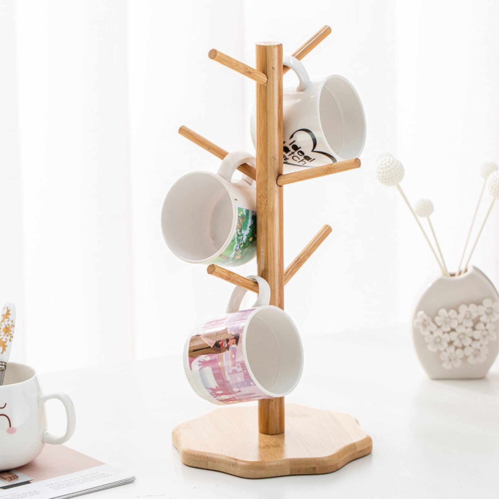 Bamboo Mug Tree with 6 Hooks & Octagon Base - Countertop Coffee Cup Holder Stand - Durable Removable Mug Organizer for Kitchen, Office, or Cafe Use