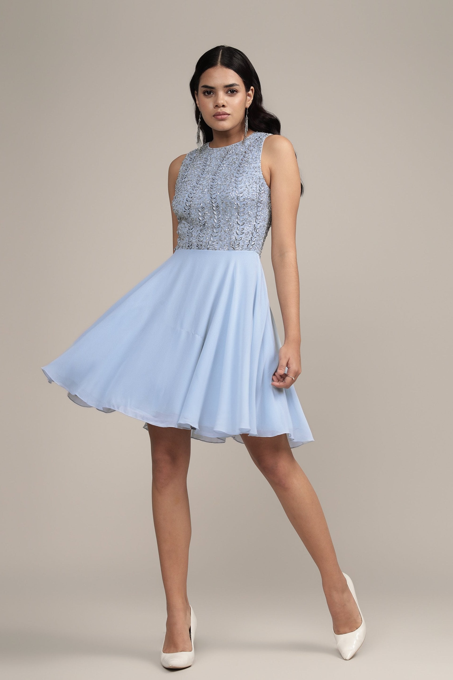 Blue Bunny Embellished Skater Dress for Women - Flirty & Fun A-Line Mini Dress for Parties, Dates & Spring Outfits