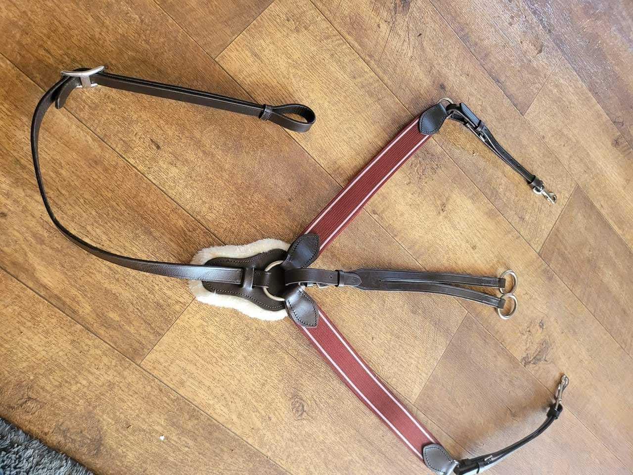 MEWATI Burgundy/Maroon Elastic Breastplate Martingale for Horses with Running Attachment - Premium Vegetable-Tanned Leather, Durable Stainless Steel Hardware (Warmblood/Over Size) - Perfect for Trail Riding, Dressage & Show Jumping