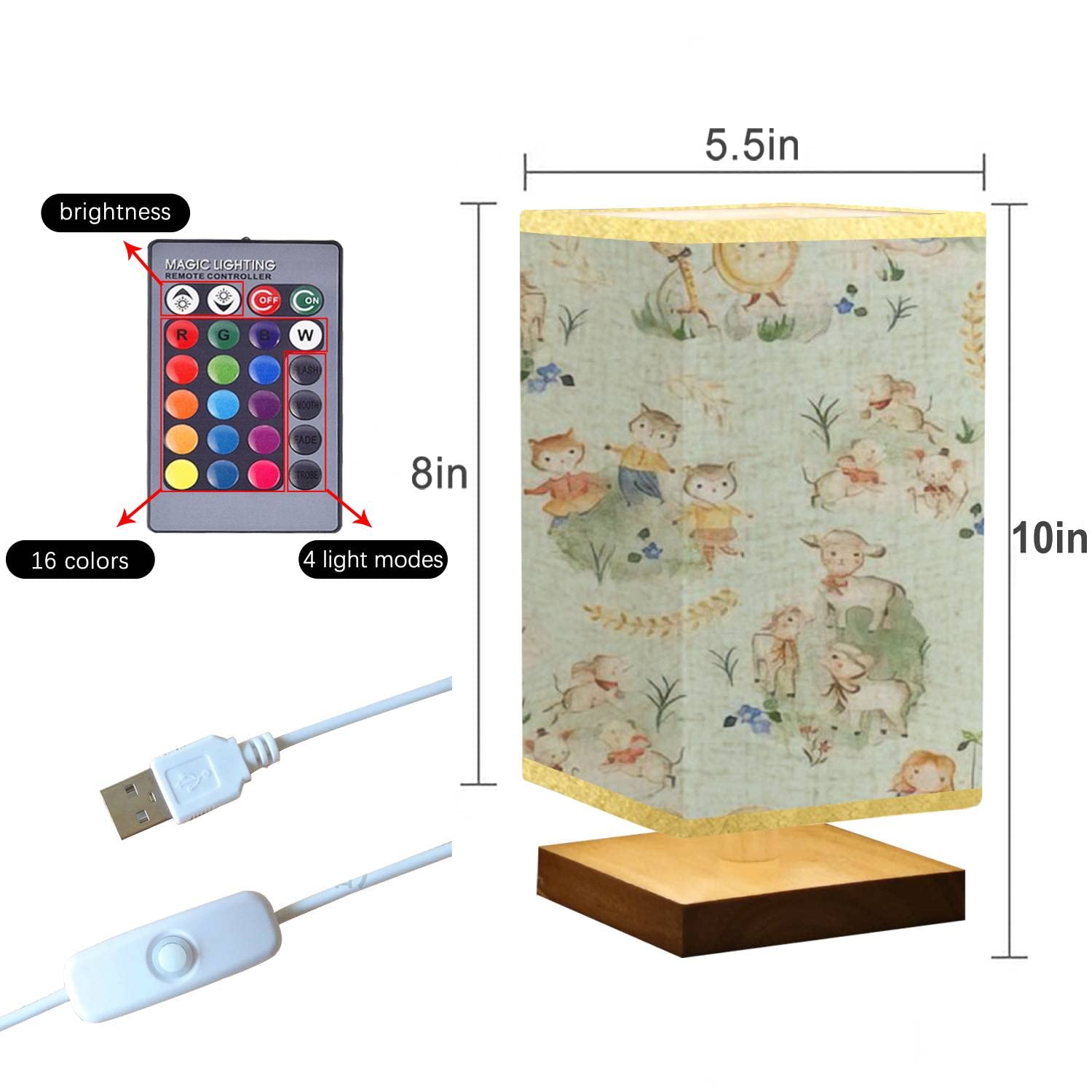 Square Wooden Base Flaxen Fabric Shade Dimmable Nightstand Lamp - Nursery Rhyme Animals Watercolor Design for Kids' Room, Bedroom & Living Room - Perfect as Baby Night Light, Children's Bedside Lamp & Cozy Reading Light