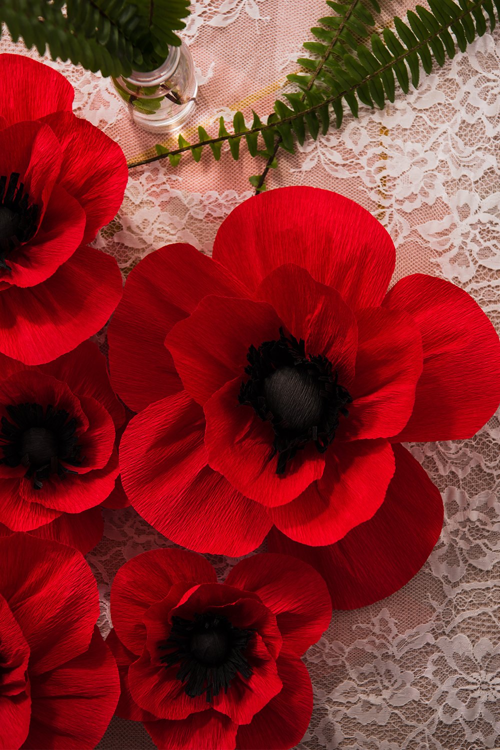 Artificial Crepe Paper Flowers - Wedding, Baby Shower & Party Decor (Red, 5-Pack) for Walls & Backdrops