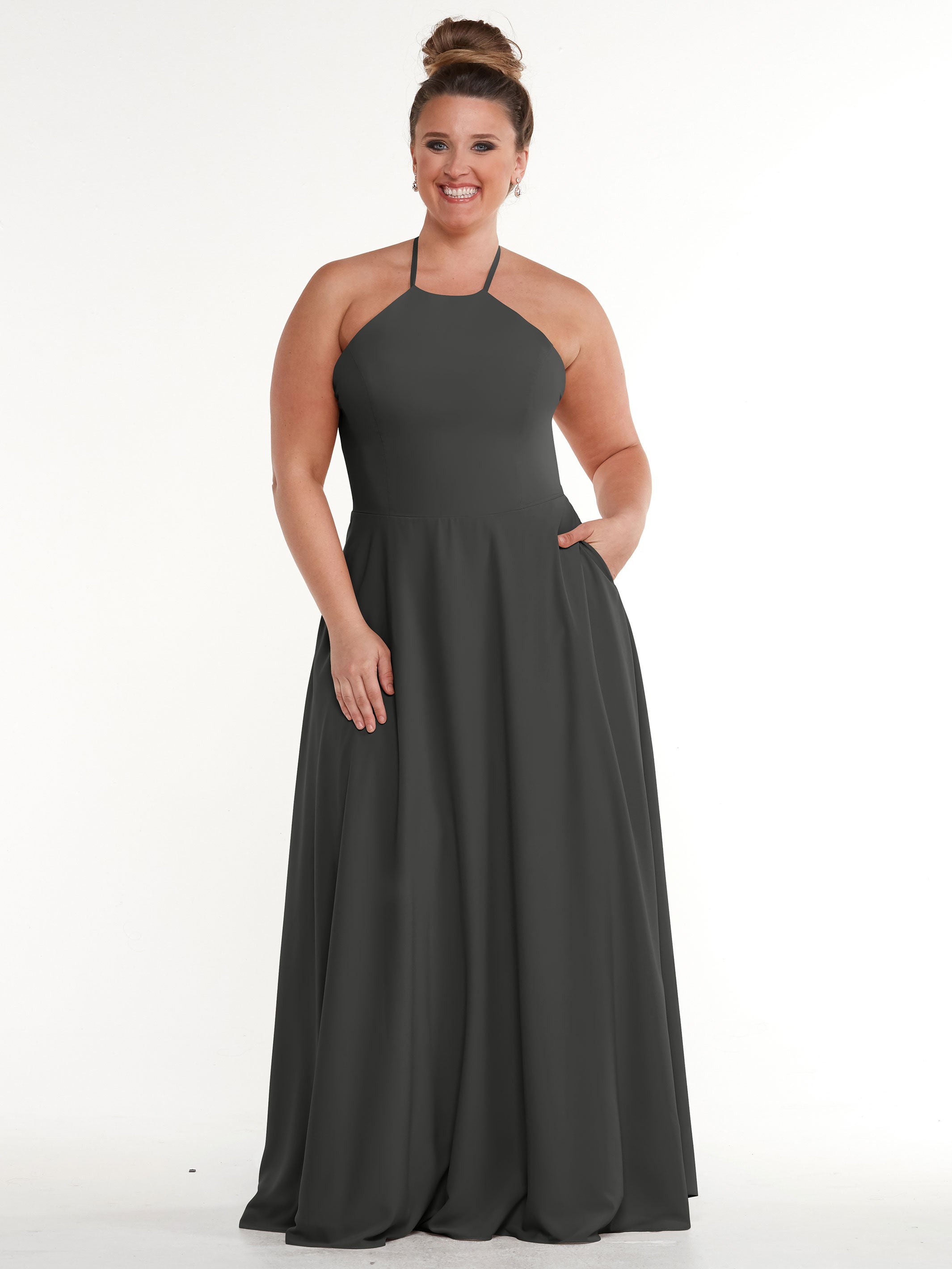 83022 Stretch Chiffon Halter A-Line Bridesmaid Dress with Pockets - Elegant Formal Gown for Weddings, Parties & Special Occasions
