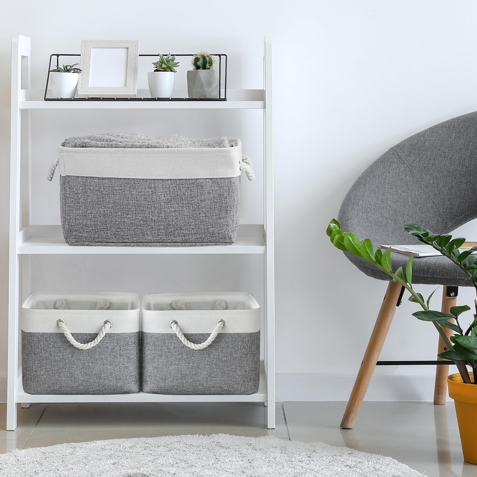 TheWarmHome Large Collapsible Storage Baskets 3-Pack - 15.7x11.8x8.2 Inch Fabric Storage Bins for Shelves, Closet, Linen & Home Organization (White & Grey) - Perfect for Bedroom, Bathroom, Nursery & Gift Wrapping Storage