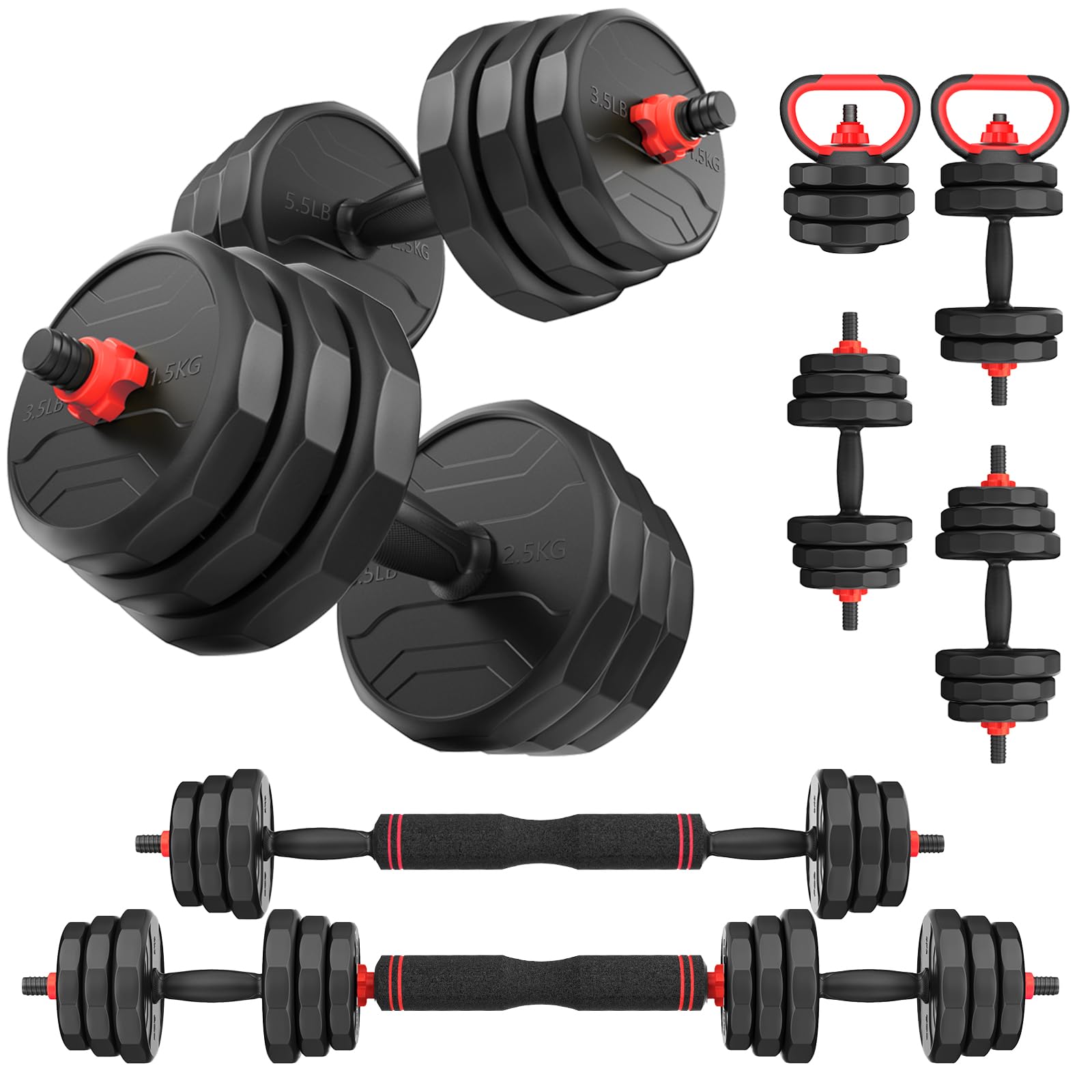 Adjustable Dumbbell Set 20-90lbs - Convertible Free Weights for Home Gym - Use as Dumbbells, Barbell or Kettlebells - Perfect for Strength Training, Weightlifting & Fitness Workouts