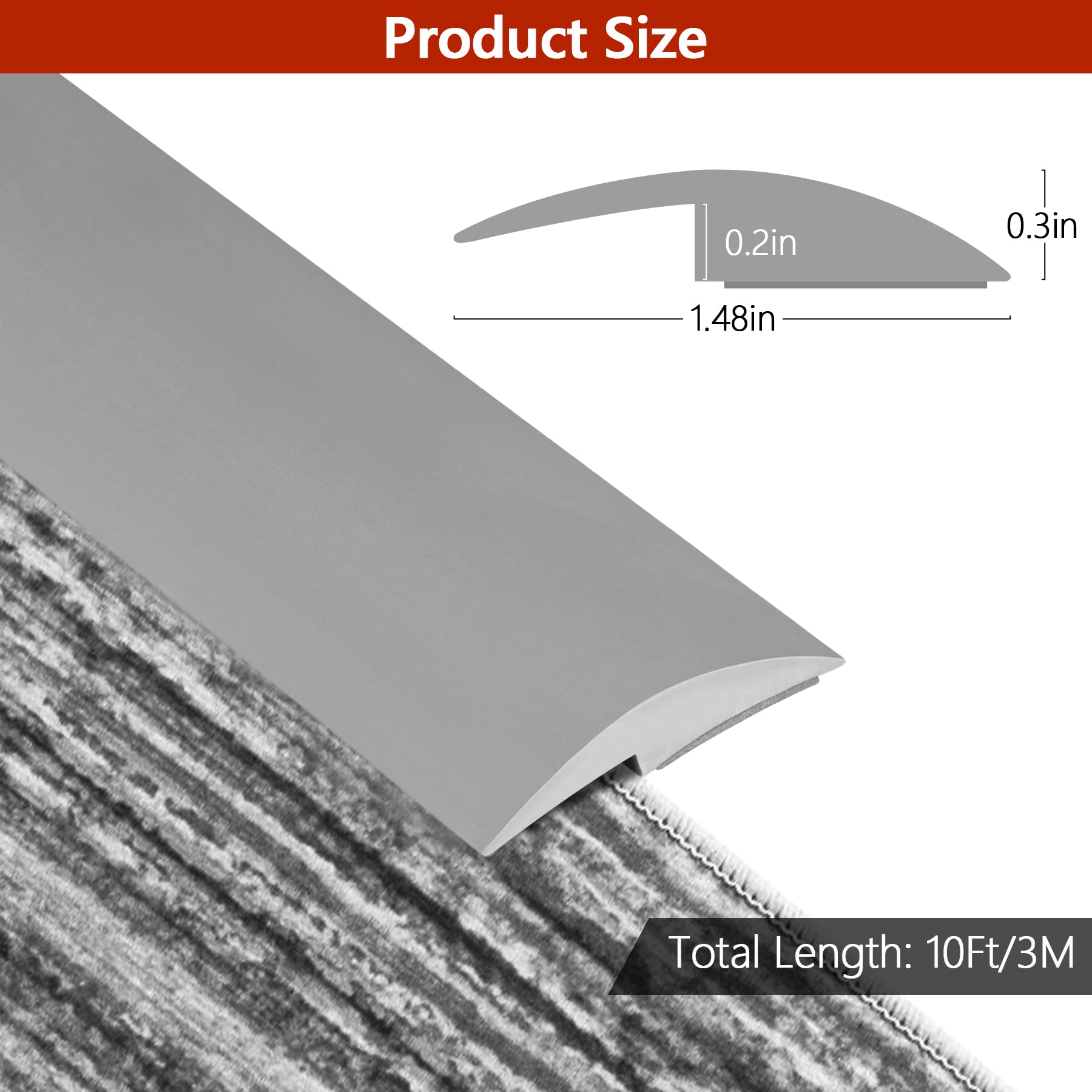 10Ft Self-Adhesive PVC Floor Transition Strip - Gray Carpet to Tile Edging Trim for Thresholds Under 5mm | Easy Peel & Stick Installation | Perfect for Doorways, Laminate & Hardwood Floors